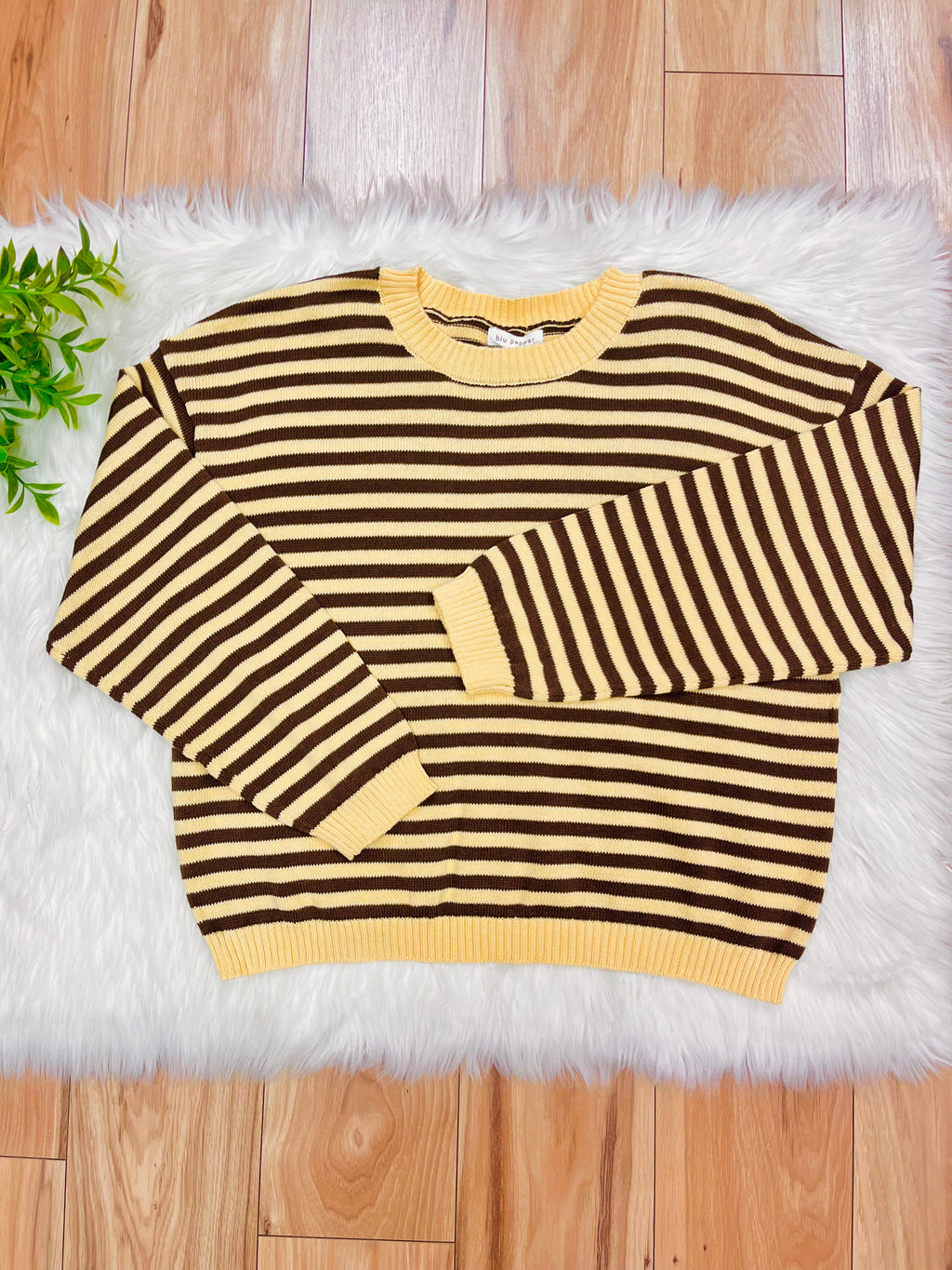 Women’s Stripe Brown & Yellow Relaxed Sweater Top by Blu Pepper- Loose Fit
