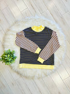 Women’s Navy Stripe Top with Yellow Trim and Peachy Pink Sleeves