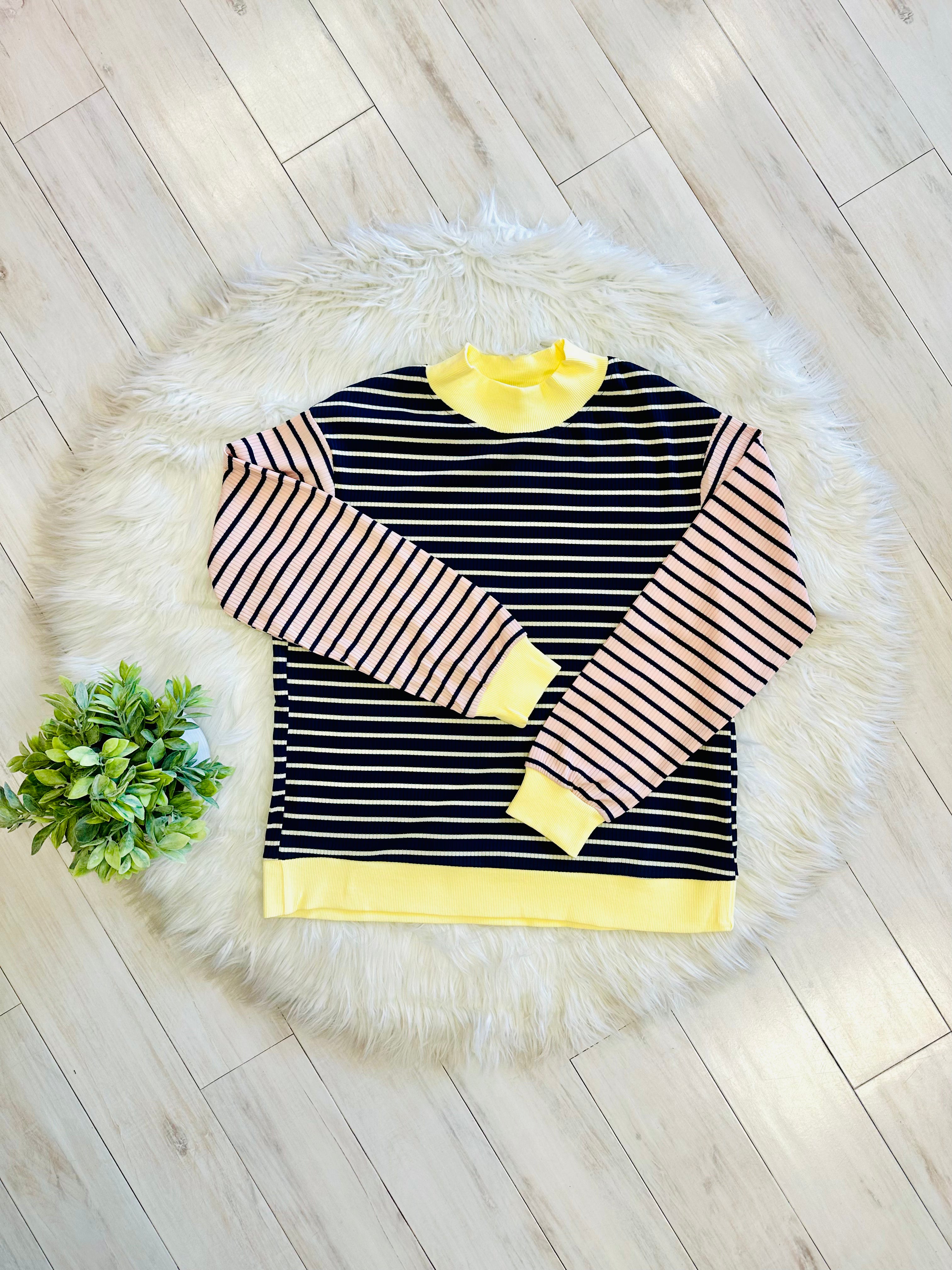 Women’s Navy Stripe Top with Yellow Trim and Peachy Pink Sleeves