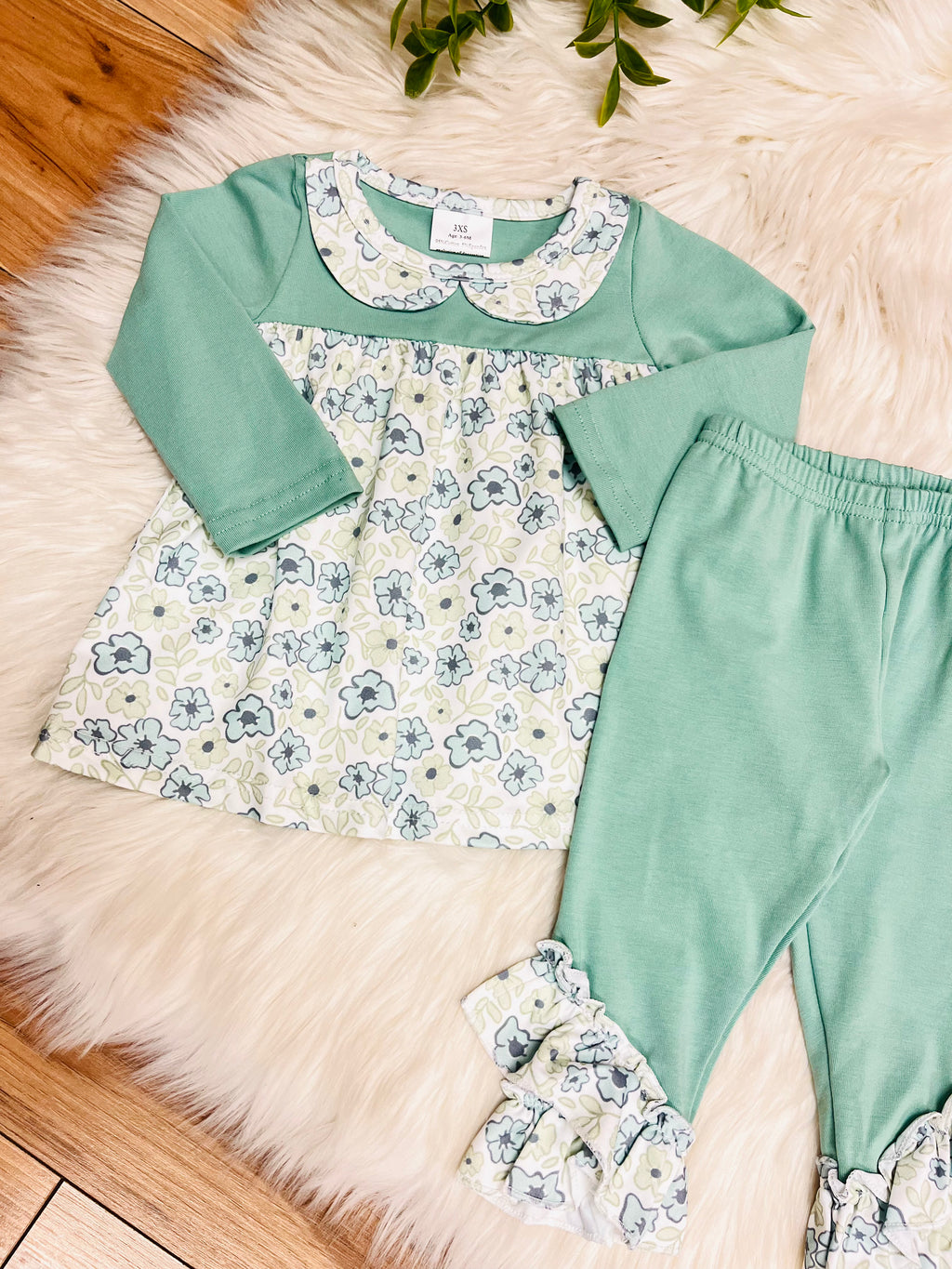 Girl’s Sage Green Floral Ruffle Outfit