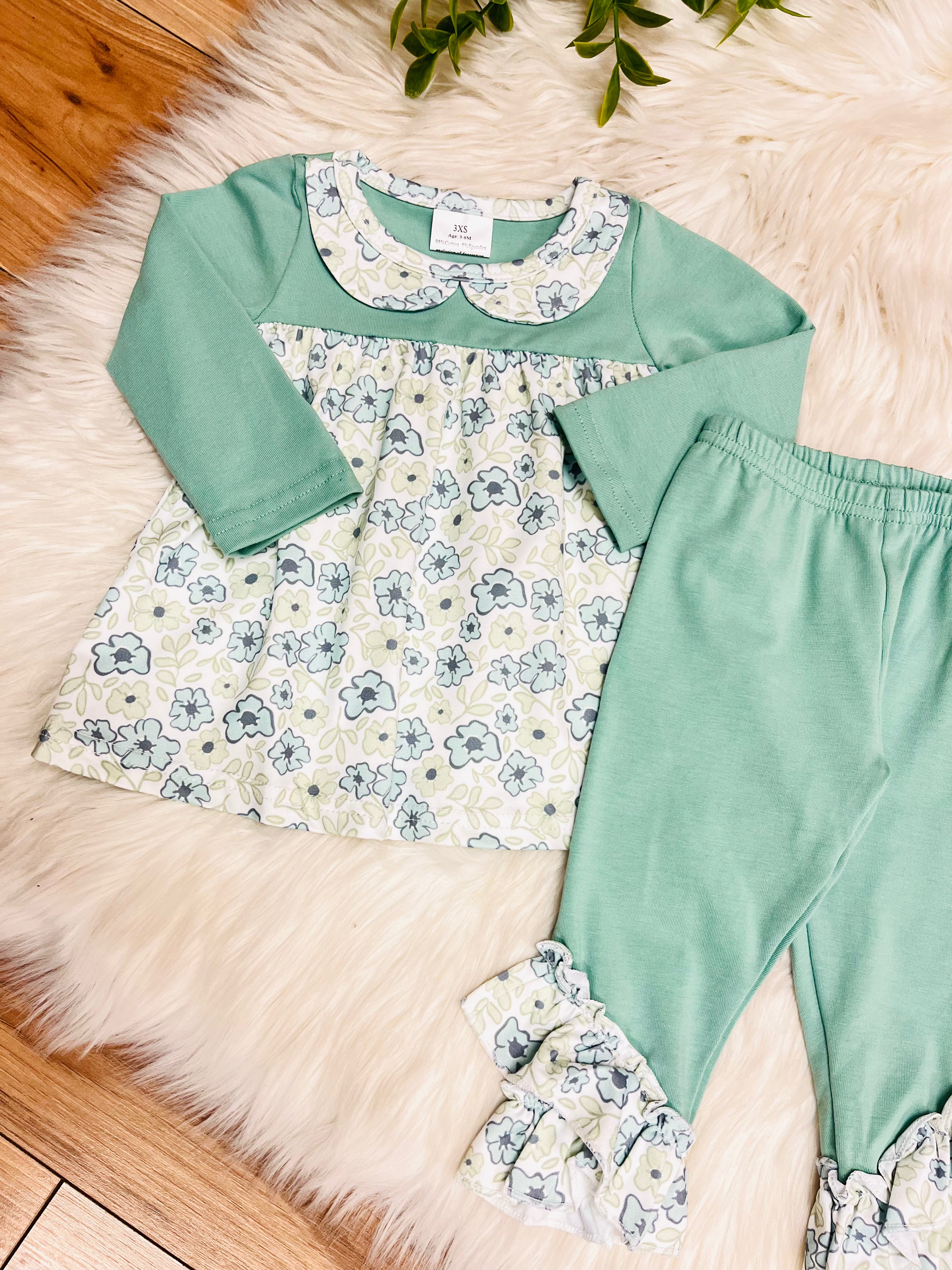 Girl’s Sage Green Floral Ruffle Outfit