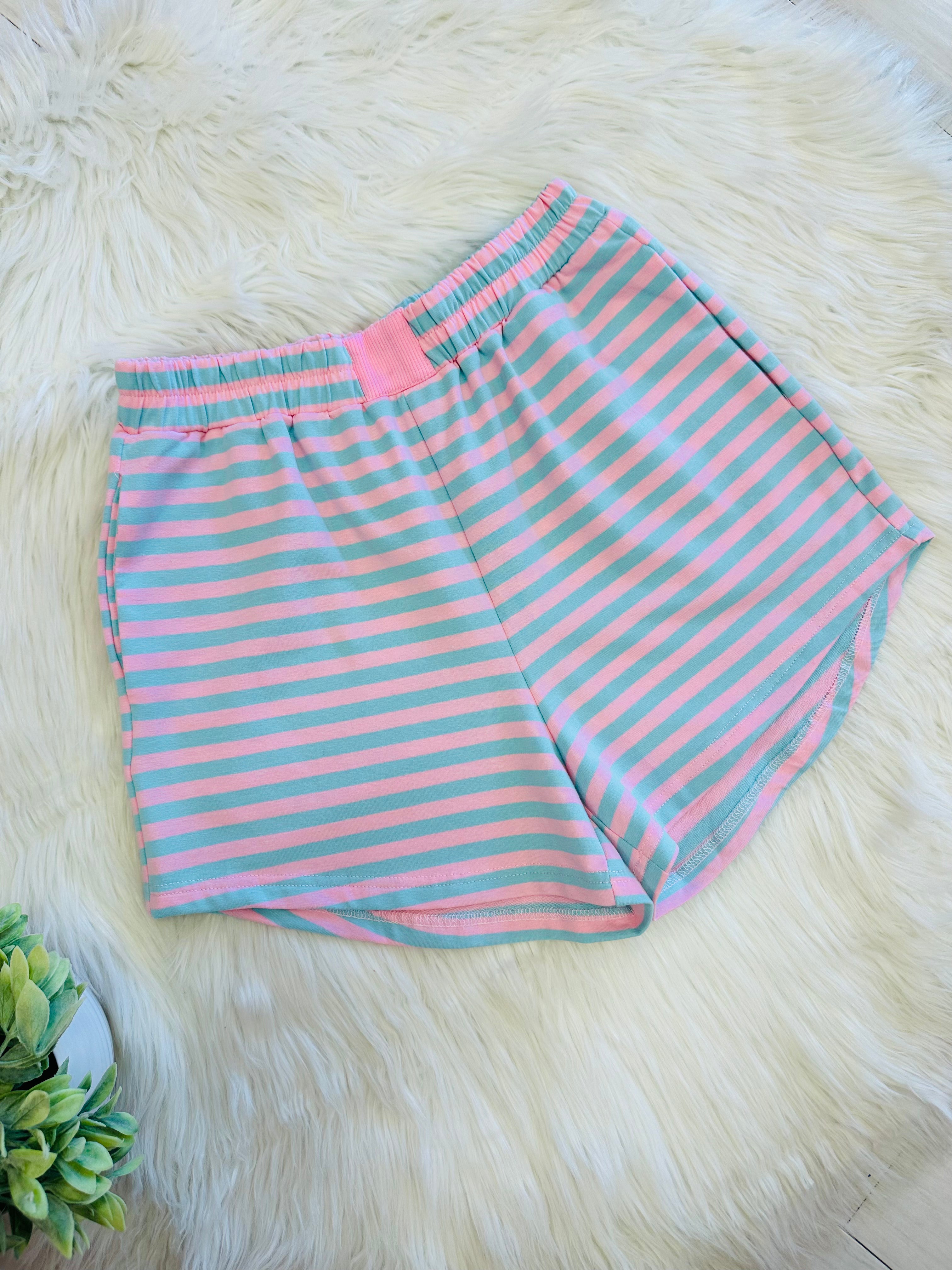 Women’s Pink and Blue Stripe Long Sleeve Short Set