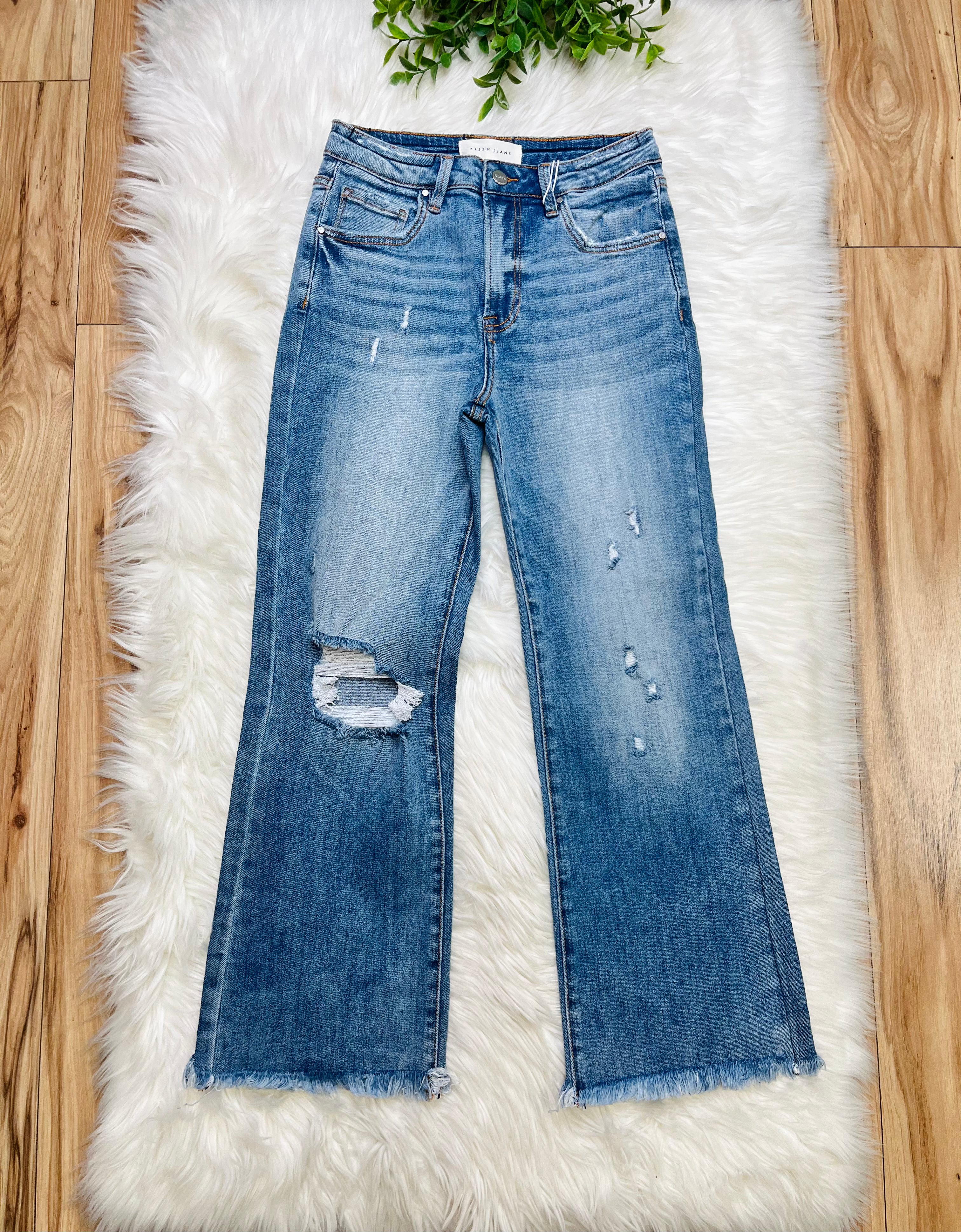 Women’s Risen High Rise Crop Bootcut Frayed Jeans 5051