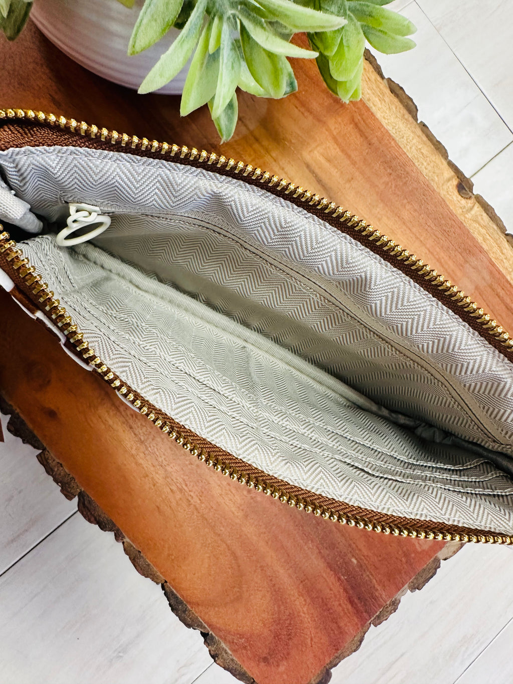 Brown & White Checkered Wristlet