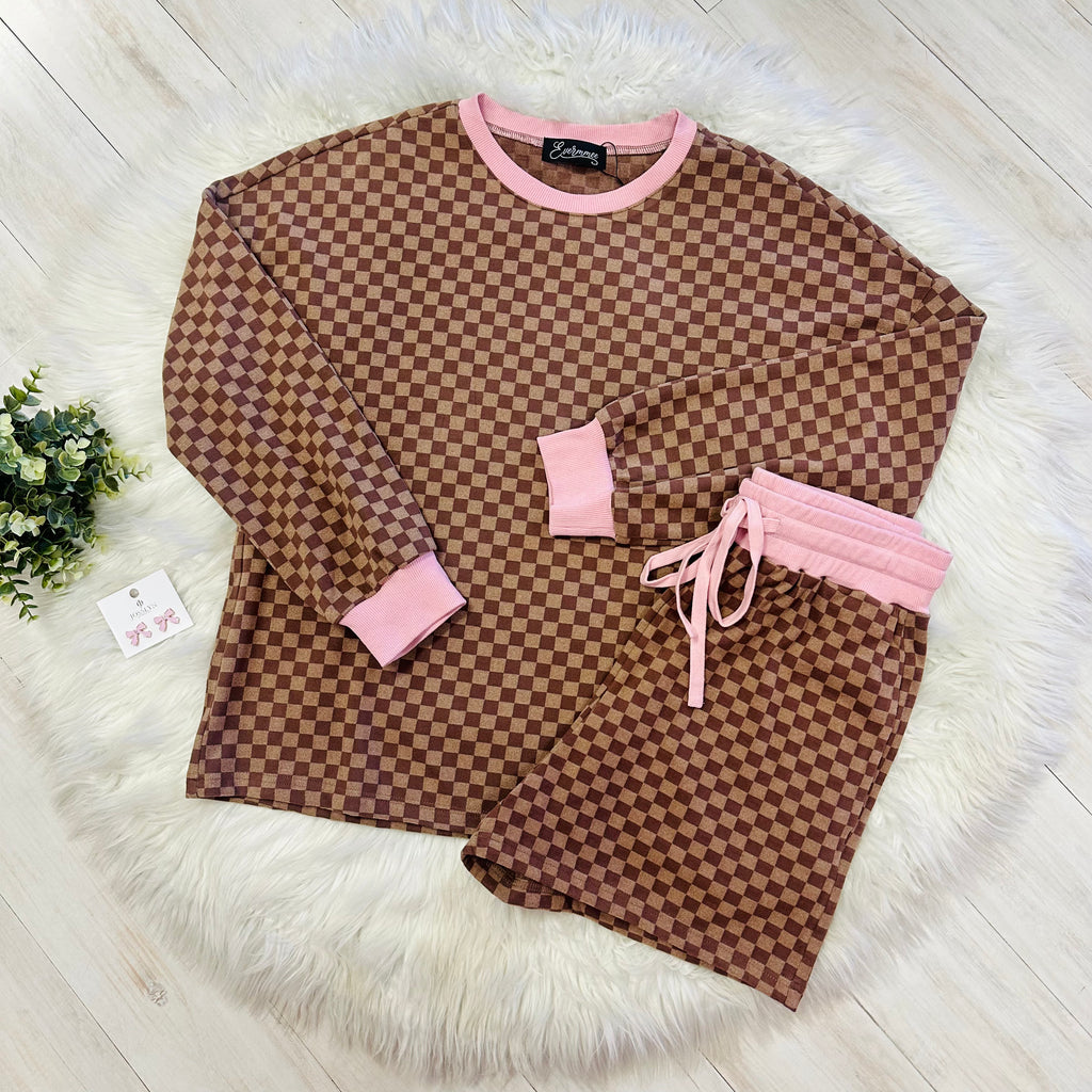 Women’s Brown Checkered Short Set with Light Pink Trim
