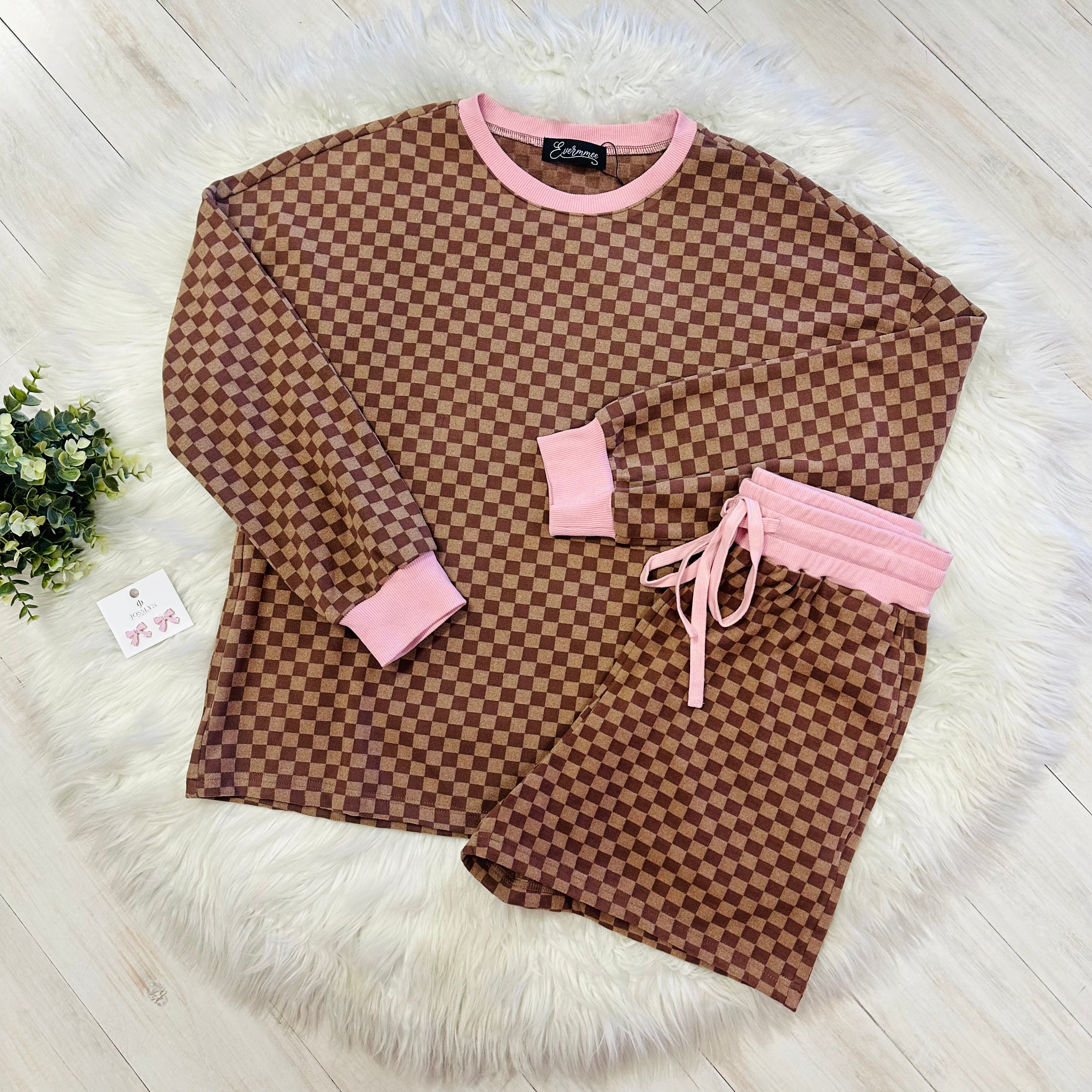 Women’s Brown Checkered Short Set with Light Pink Trim