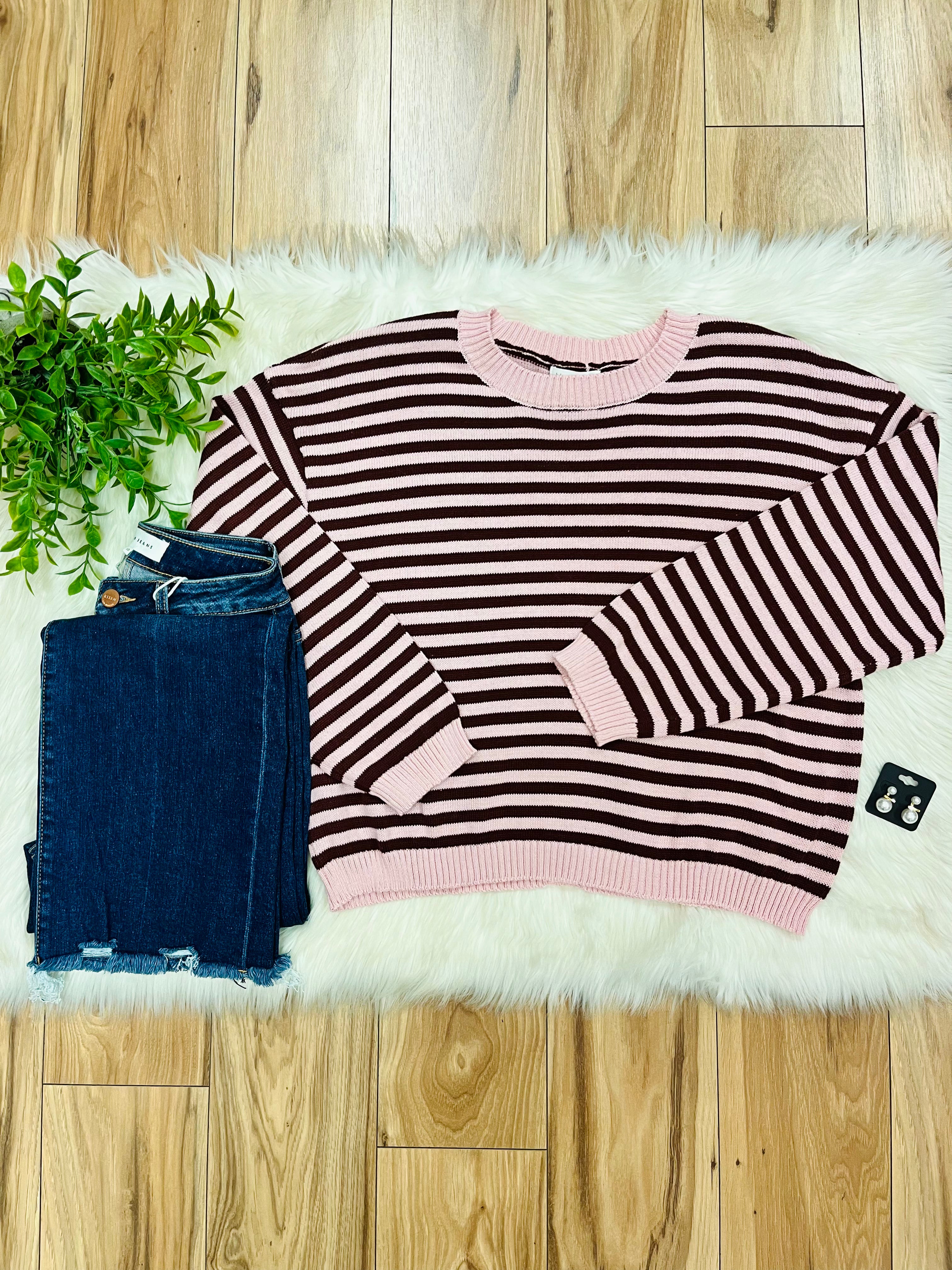 Women’s Stripe Light Pink & Burgundy Relaxed Sweater Top by Blu Pepper- Loose Fit