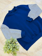 Women’s Evermmee Blue Mock Neck Pullover Top with Gingham Print Sleeves- Loose Fit