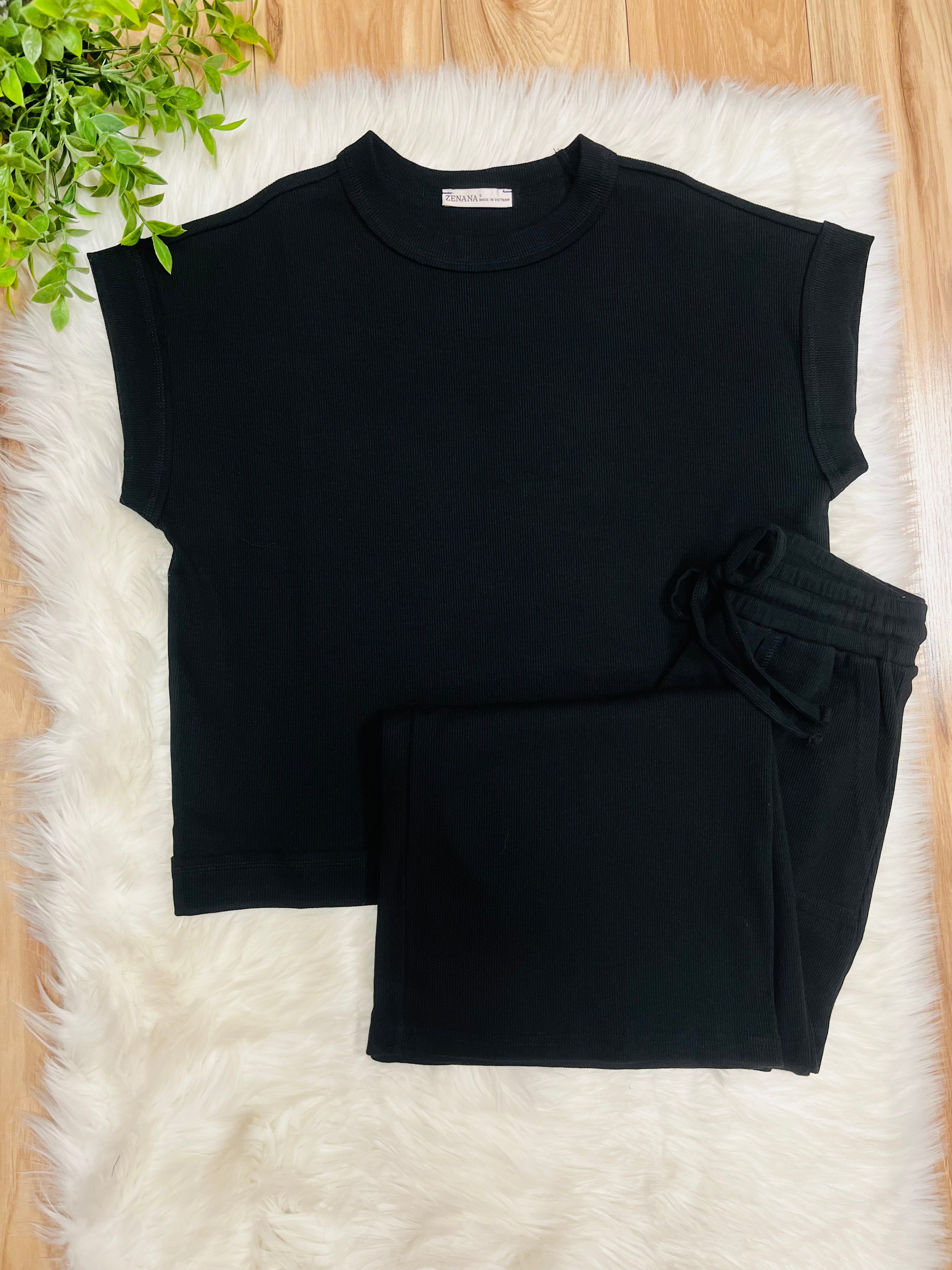 Women’s Zenana Black Ribbed Cuff Sleeve Pant Set