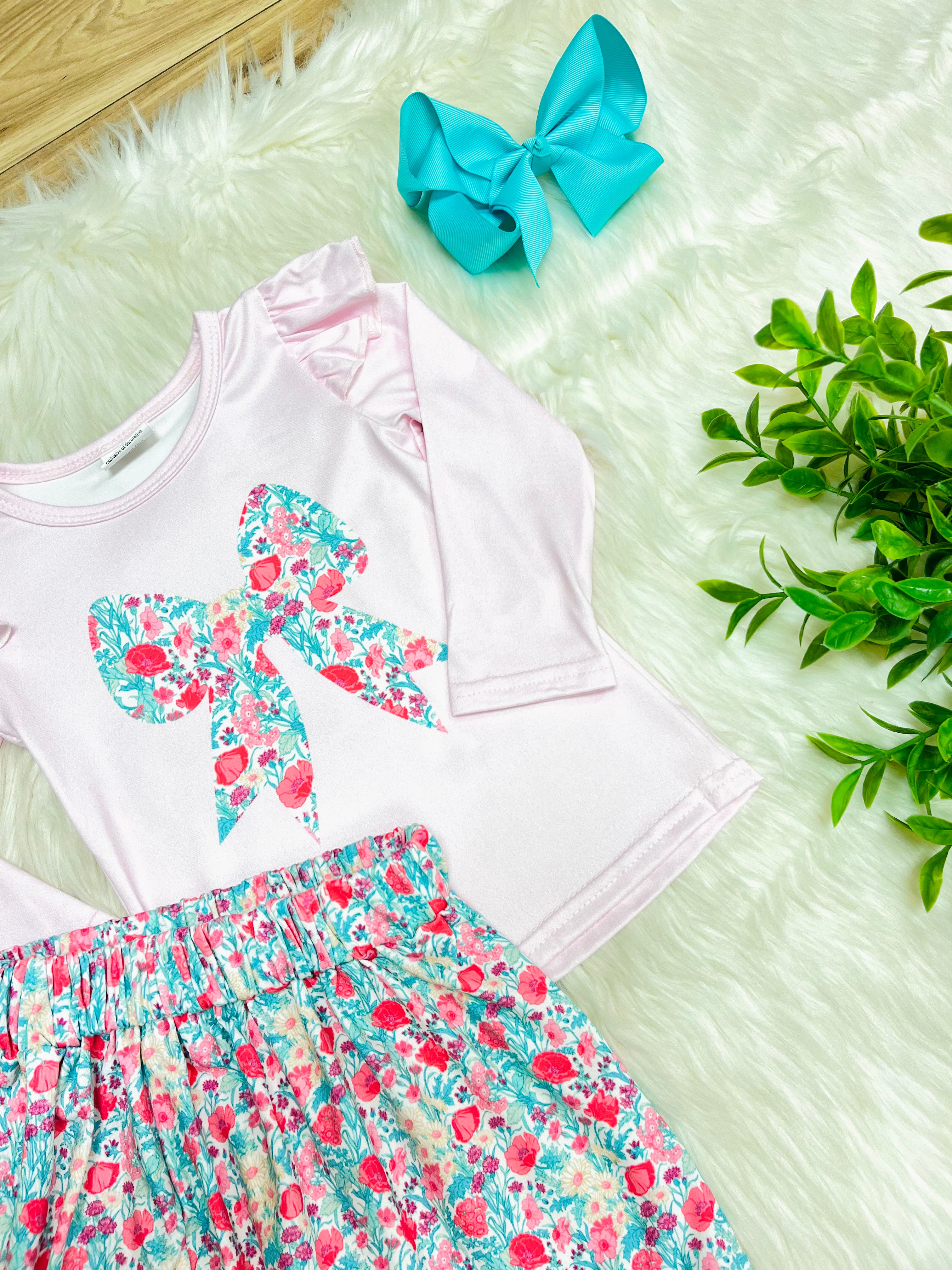 Girl’s Light Pink & Teal Floral Bow Long Sleeve Skirt Outfit