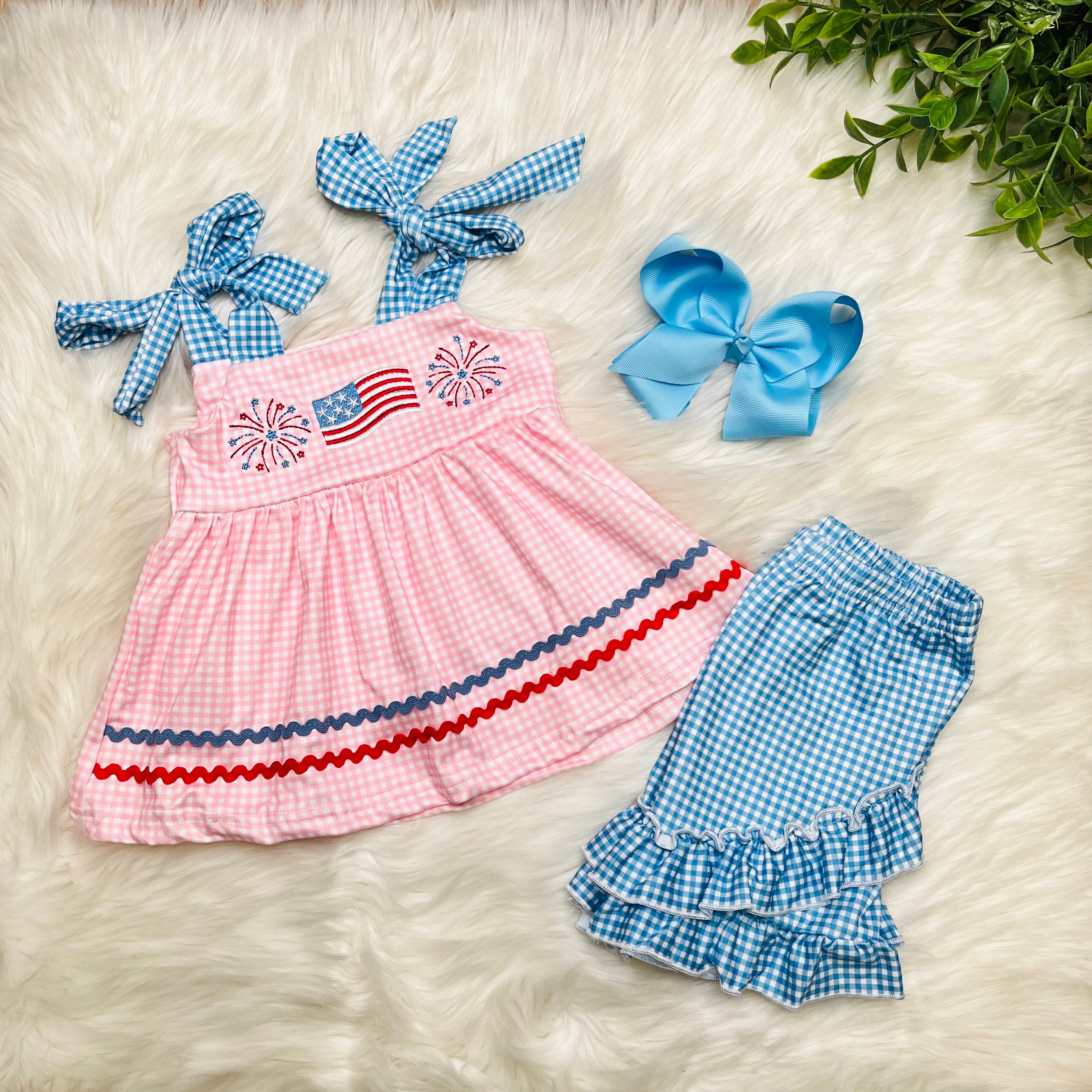 Girls Freedom Sparkles Embroidered Set July 4th