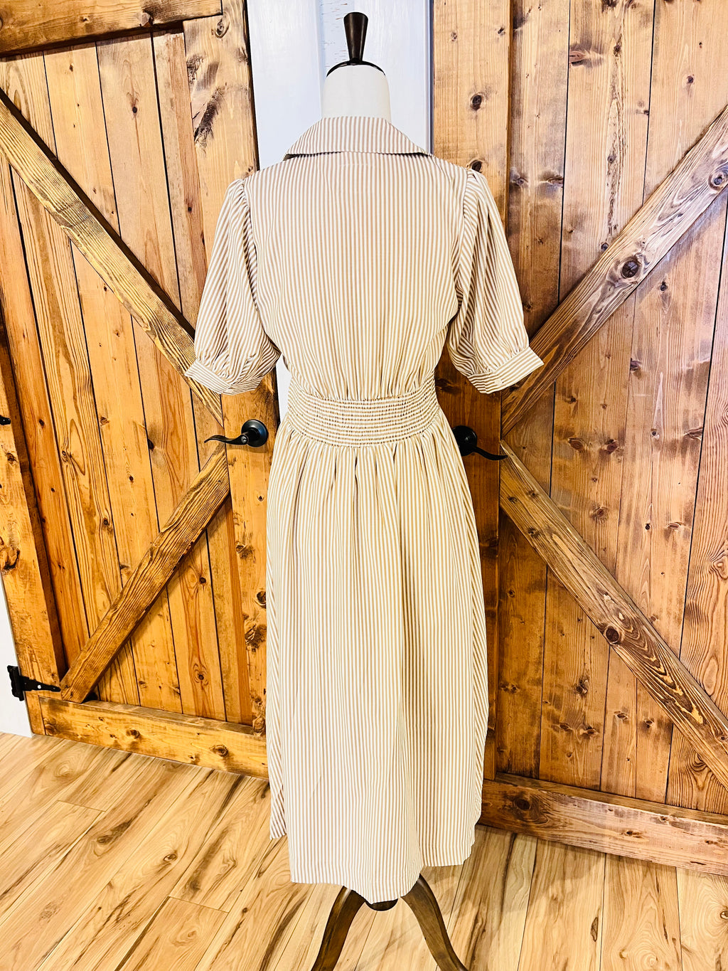 Women’s Umgee Latte Striped Midi Dress with Front Zipper- True to Size