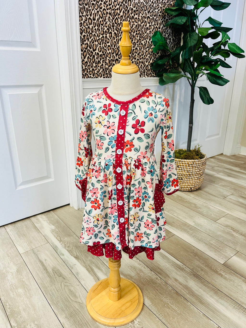Girl’s Cream and Burgundy Floral Ruffle Dress