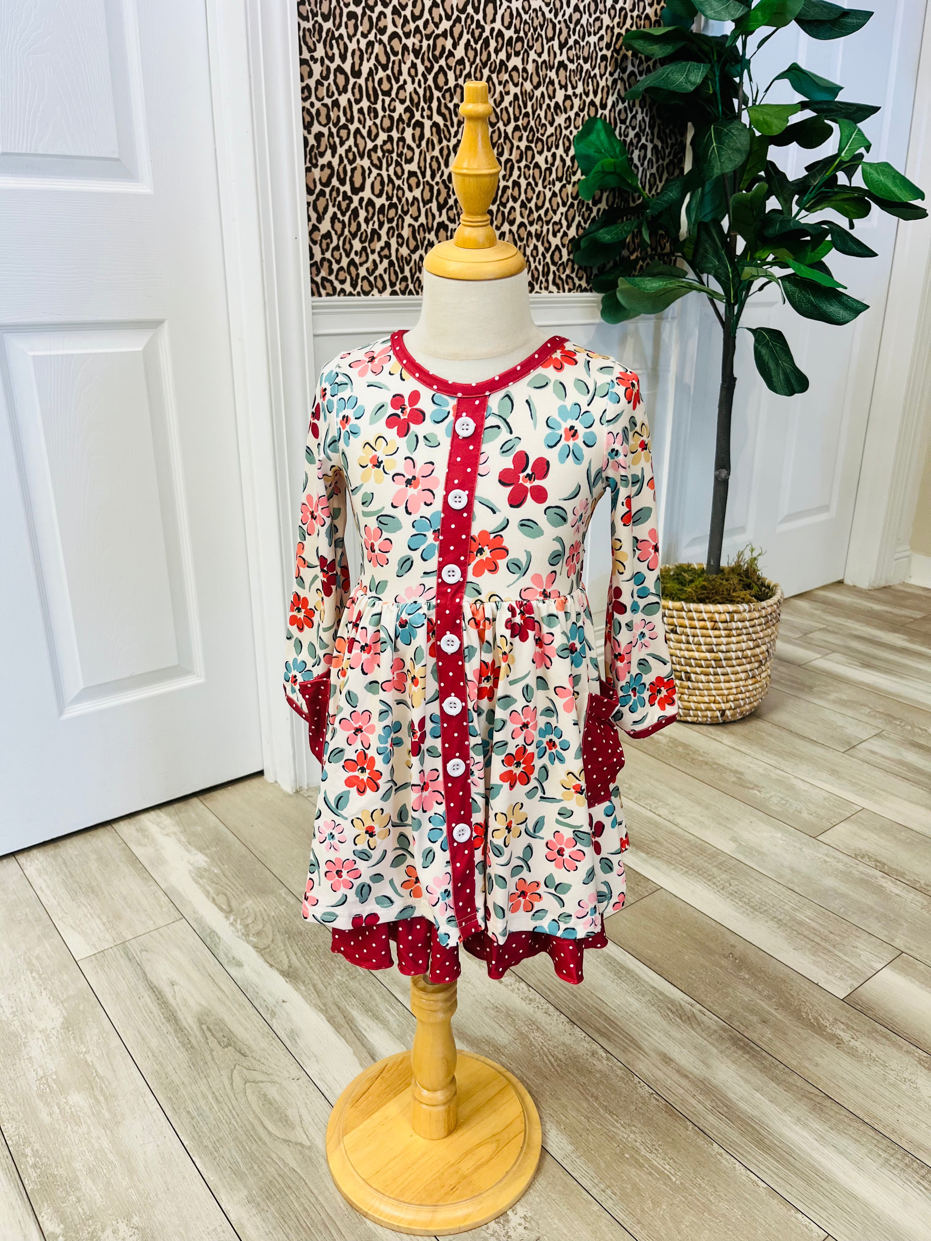 Girl’s Cream and Burgundy Floral Ruffle Dress