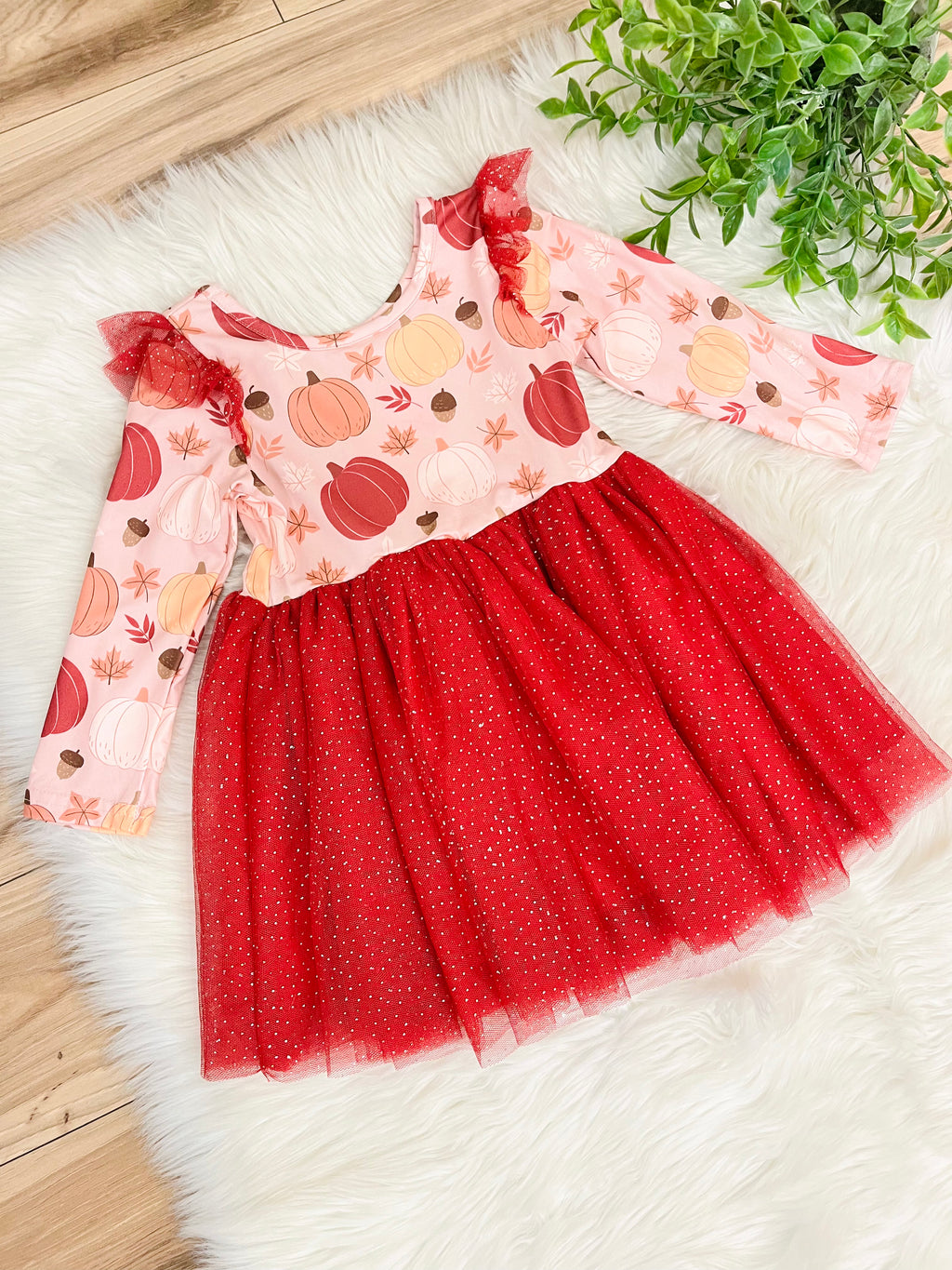 Girls Pumpkin Dress with Burgundy Lace Detail
