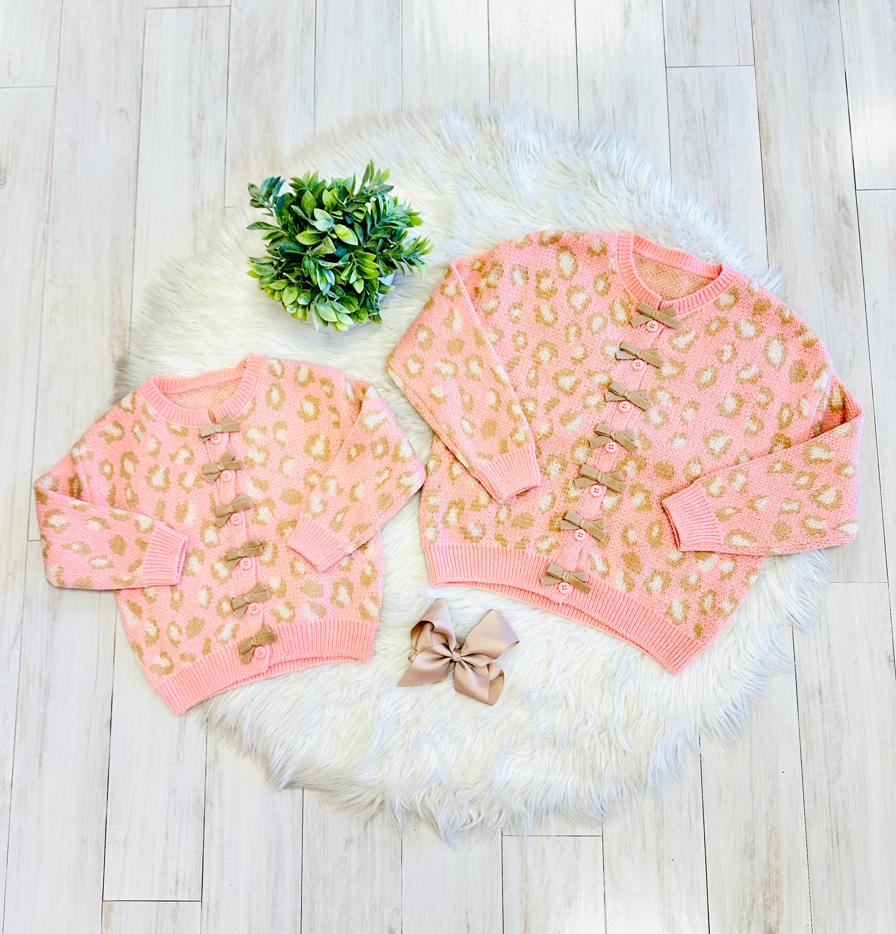 Girls Pink Cheetah & Tan Bow Cardigan