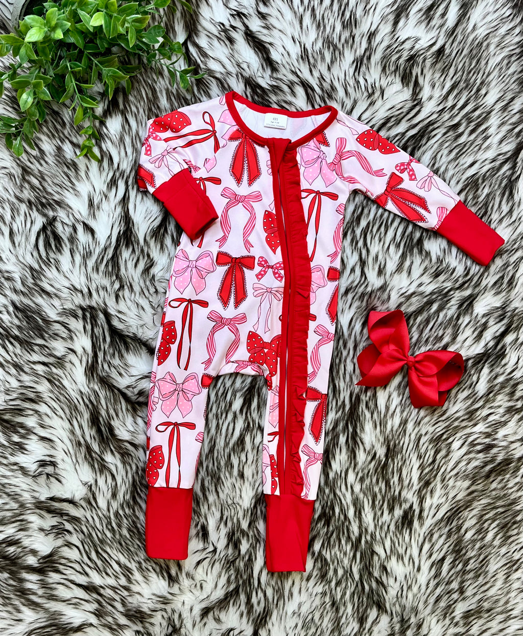 Girl’s Red and Pink Bow Zipper Romper