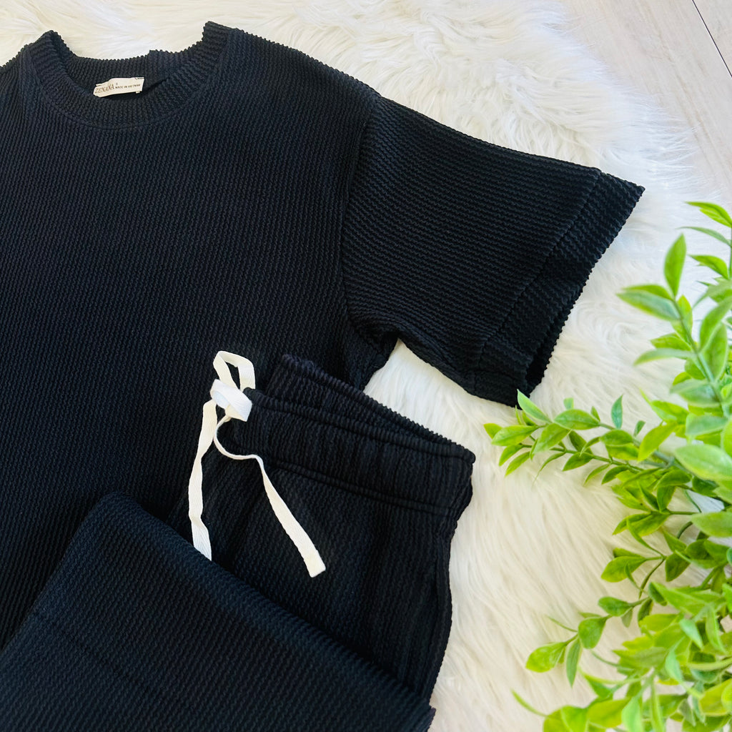 Women’s Black Ribbed Top and Drawstring Pant Set