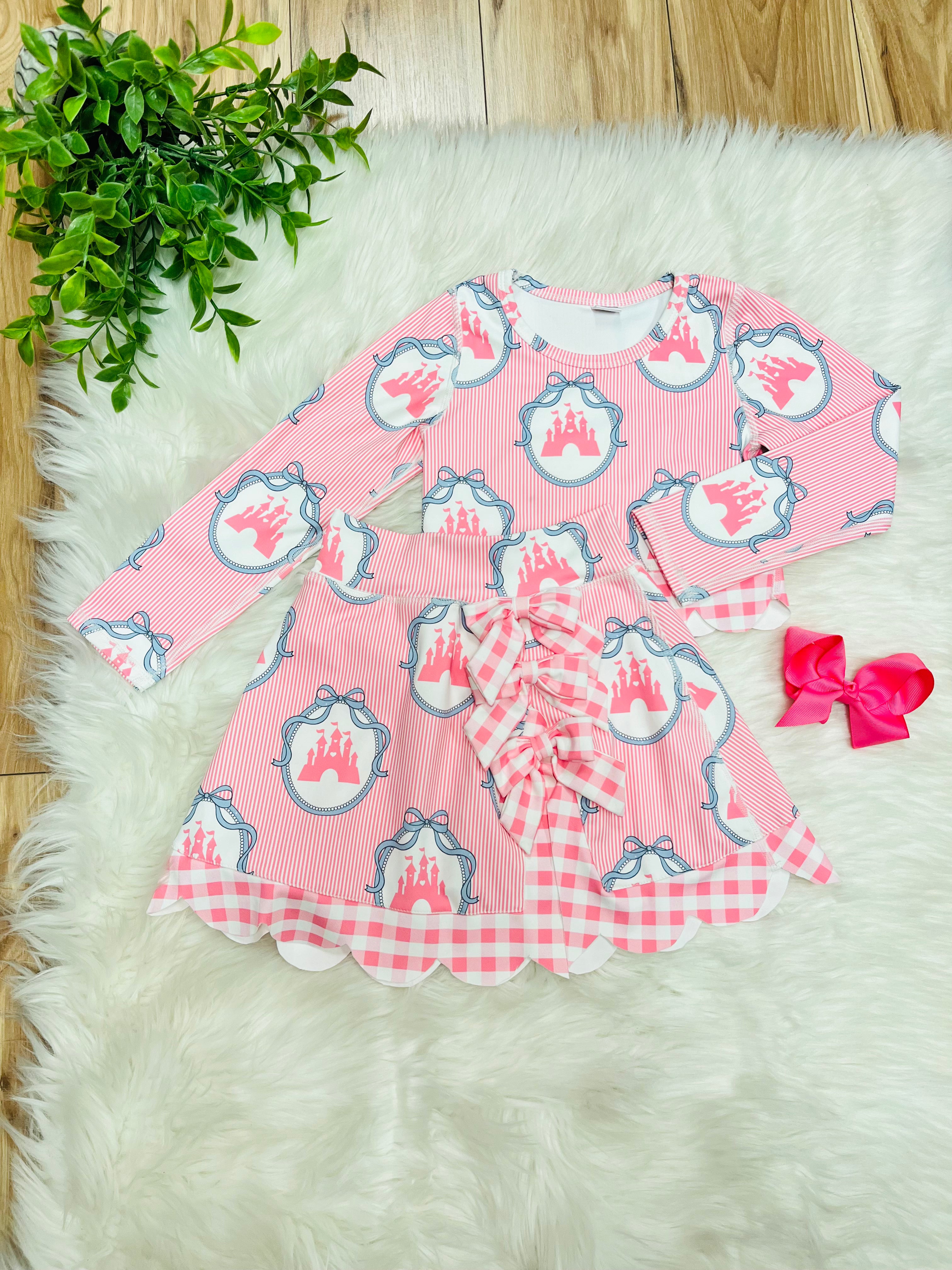 Girl’s Pink Striped Princess Skort Outfit Set with Scalloped Trim