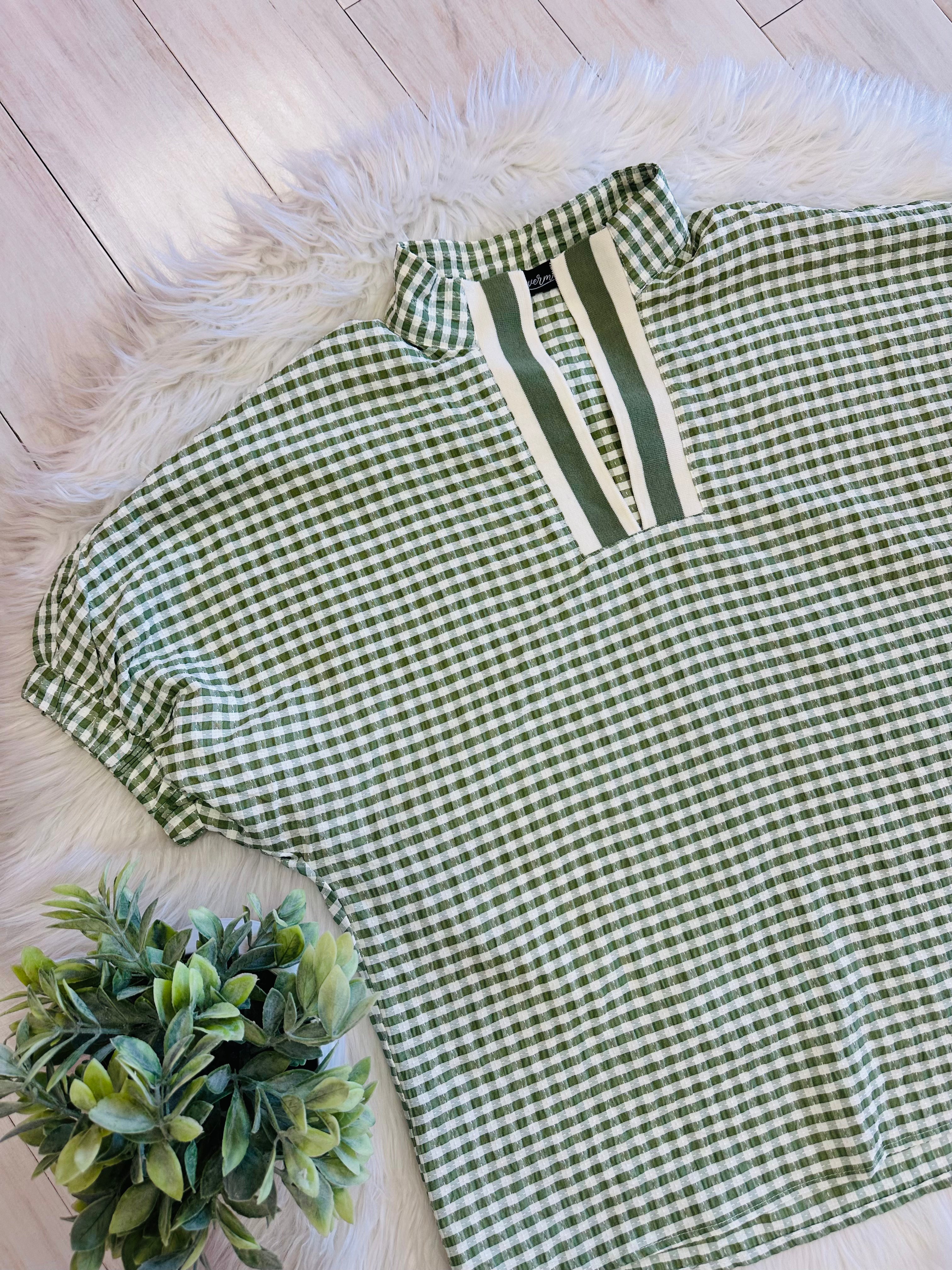 Women’s Evermmee Cream and Green Gingham Top
