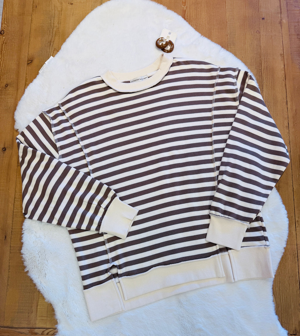 Women’s Zenana Mocha Stripe Pullover with side slits