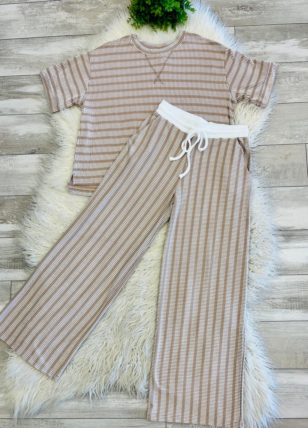 Women’s Zenana Beige Ribbed Drop - Shoulder Two Piece Set