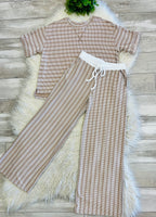 Women’s Zenana Beige Ribbed Drop - Shoulder Two Piece Set