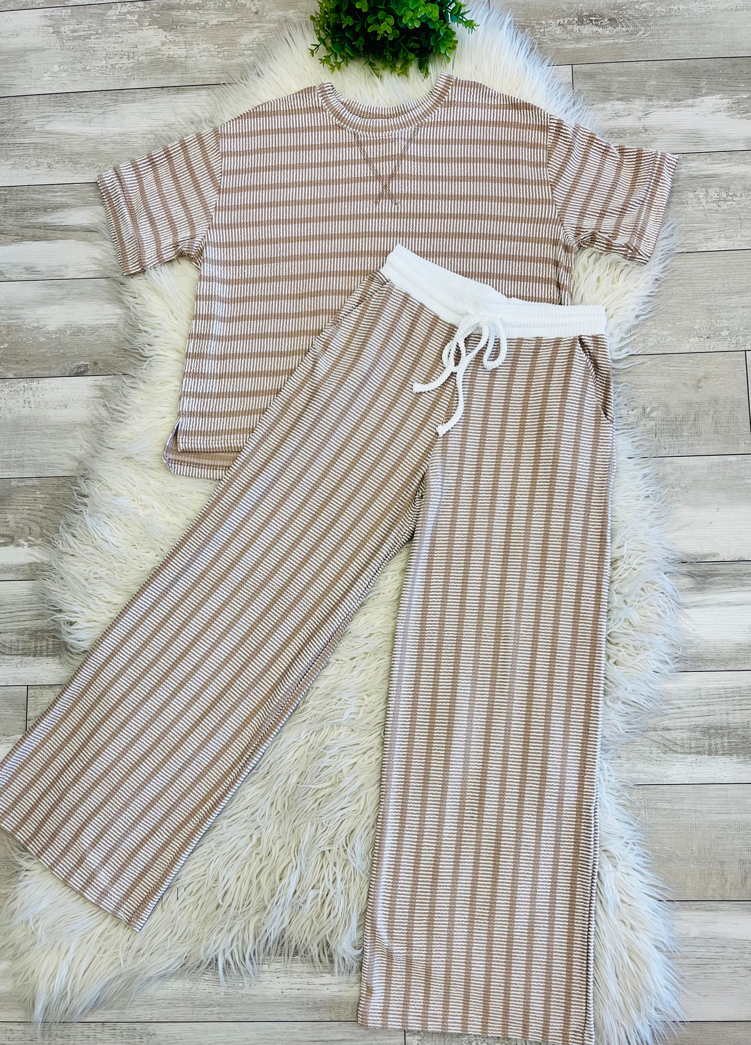 Women’s Zenana Beige Ribbed Drop - Shoulder Two Piece Set