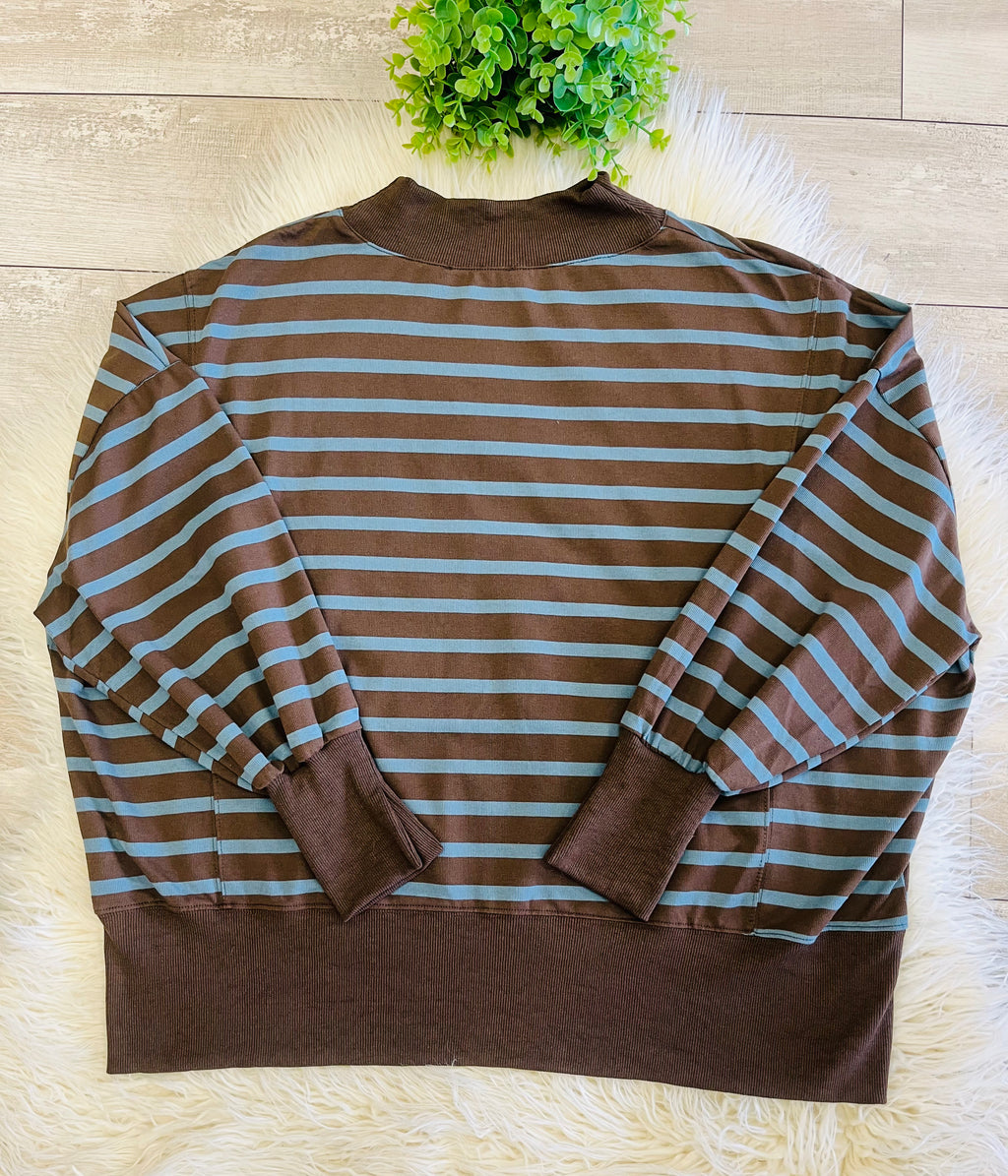 Women’s Blue/Brown Striped Mock Neck Long Sleeve - Oversized fit