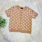 Women’s Evermmee Tan Button Down Sweater Top with White Polka Dots