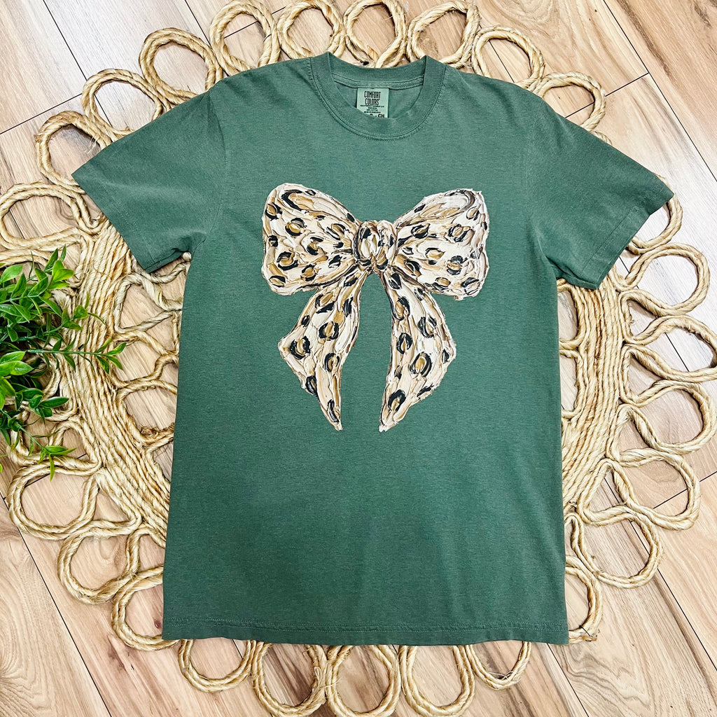 Special Order 3X- Women’s Green Leopard Print Bow Graphic Tee