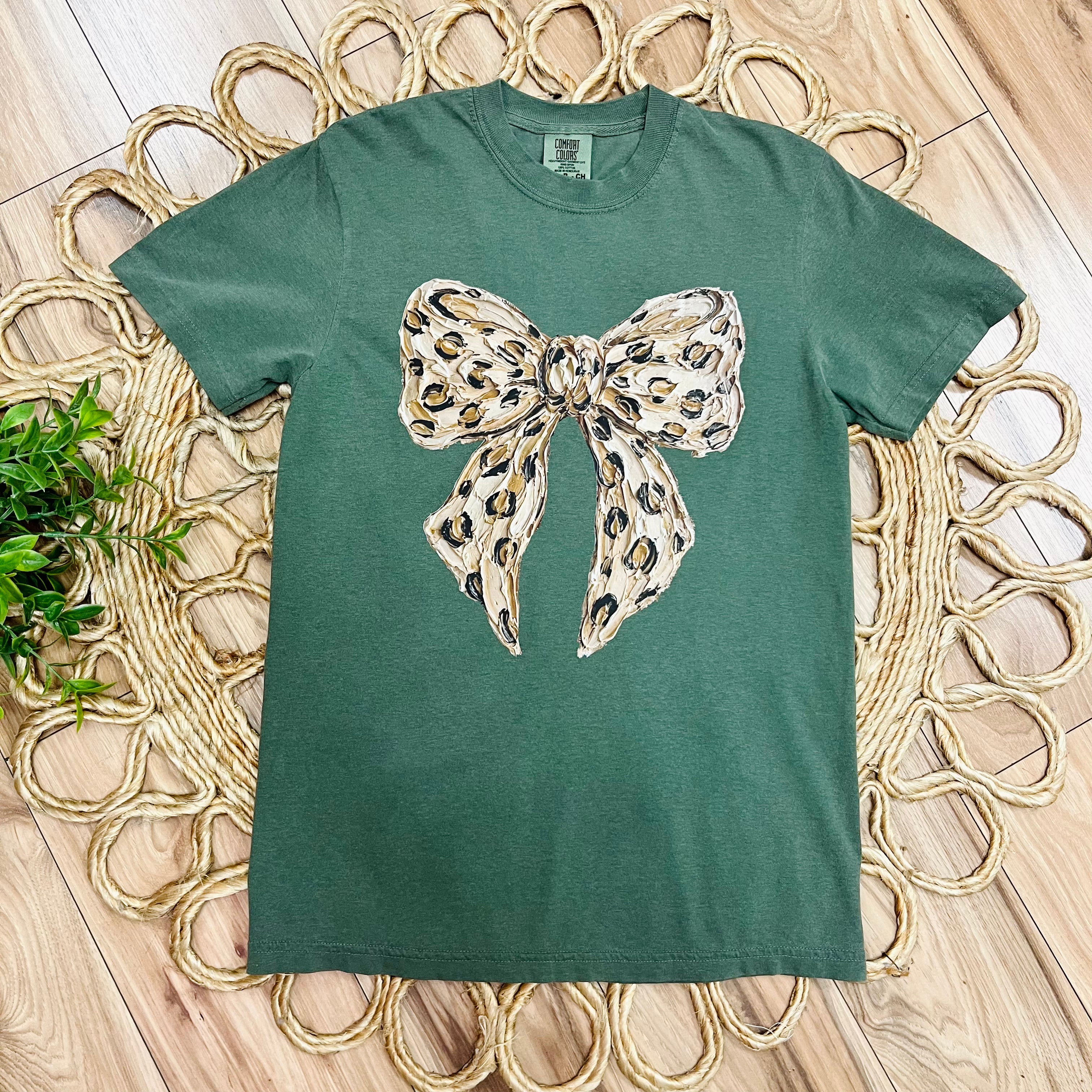 Special Order 3X- Women’s Green Leopard Print Bow Graphic Tee