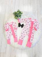 Girls Pink Bow Print Ruffle Romper
