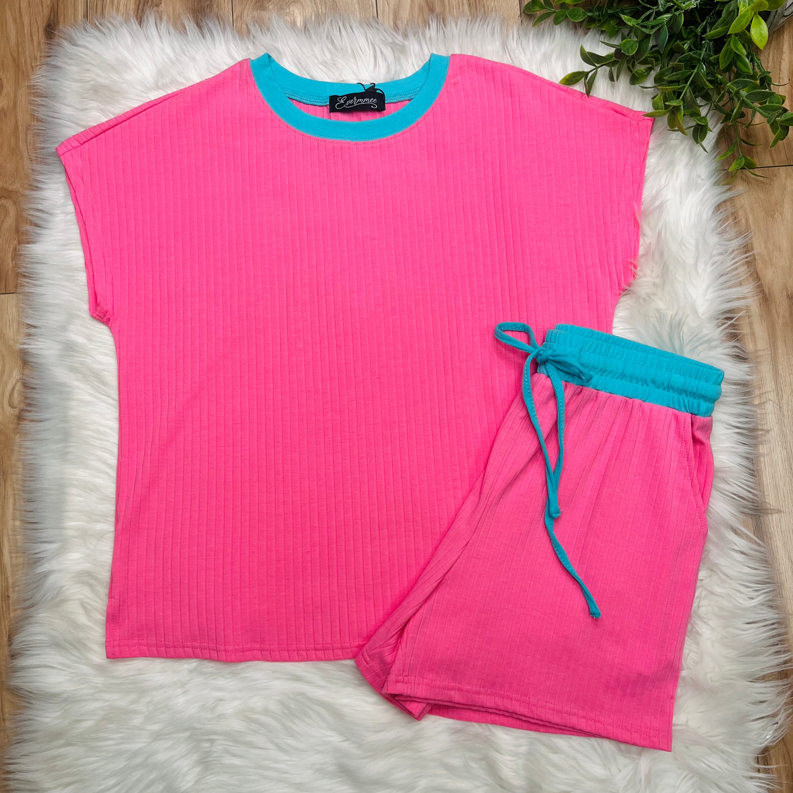Women’s Evermmee Pink Short Set with Blue Trim