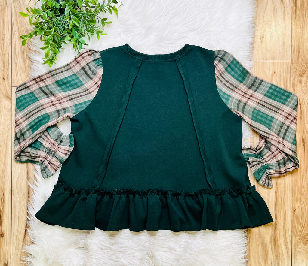 Women’s Bibi Olive Plaid Ruffle Top- Oversized
