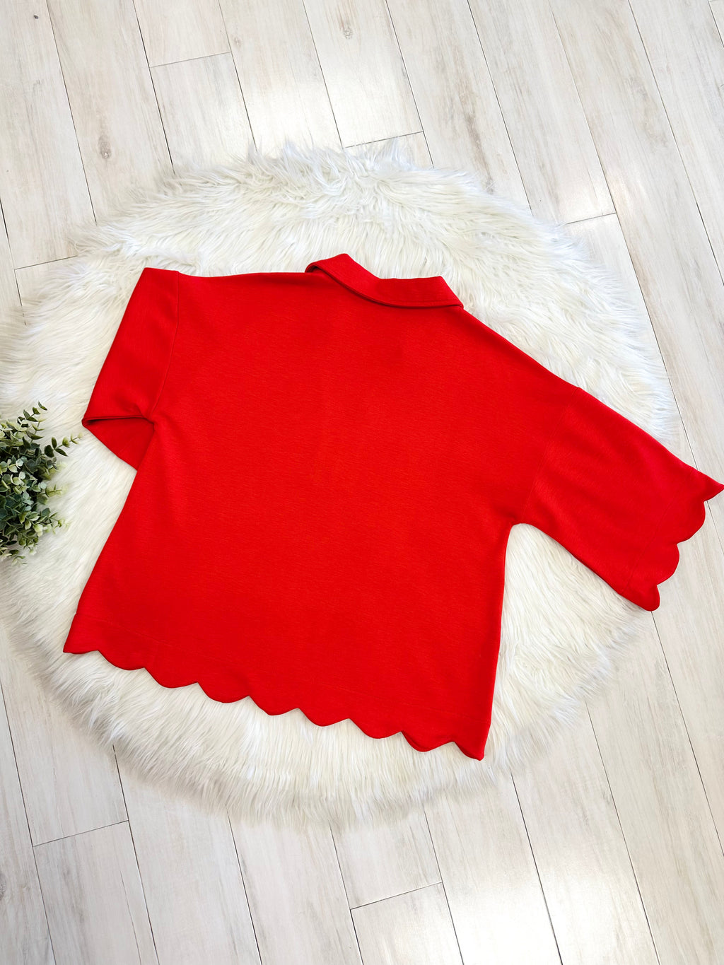 Women’s Red Scalloped Trim Top with Leopard Print Detail by Jodifl- Loose Fit