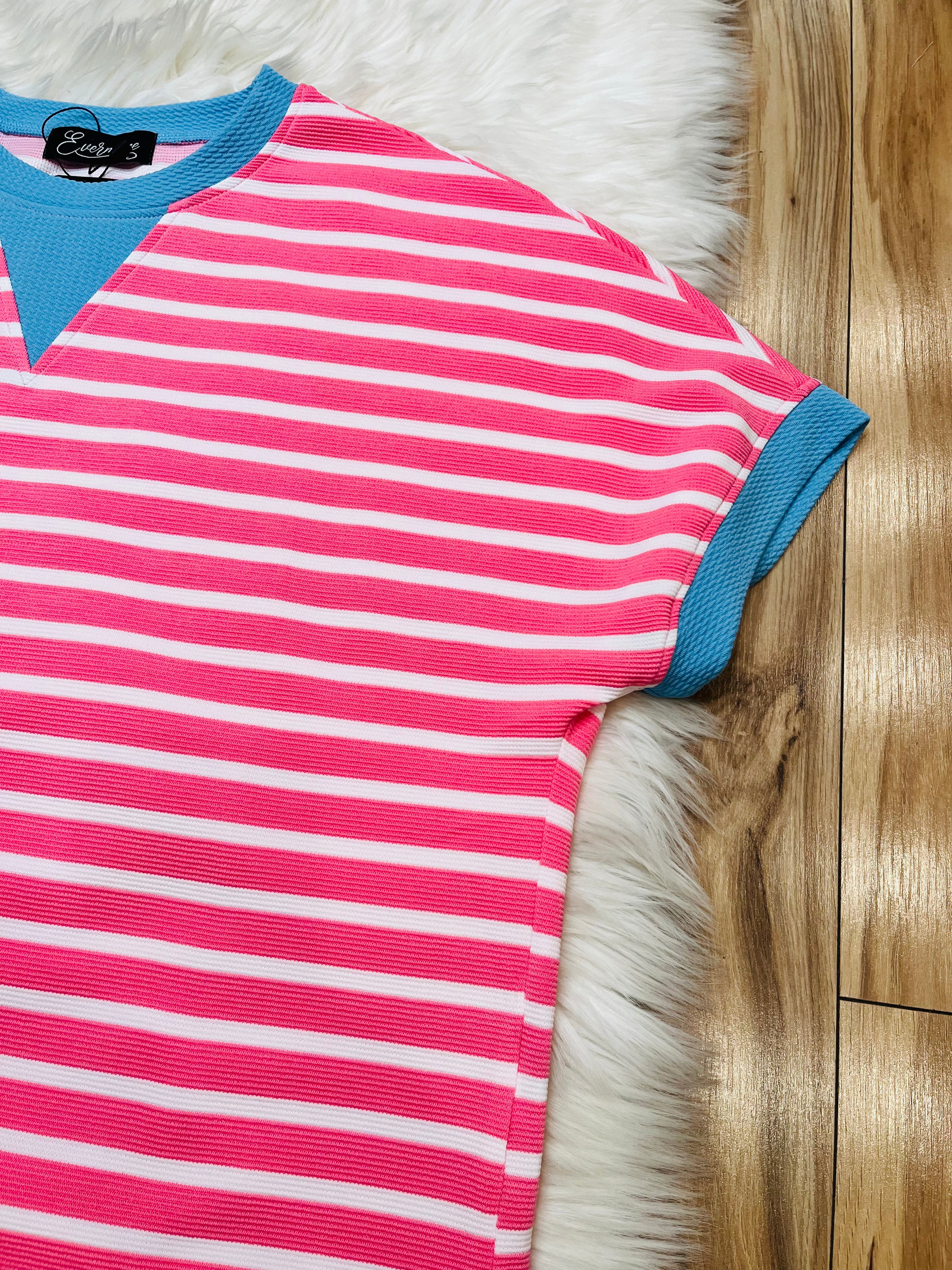 Women’s Evermmee Pink Stripe With Sky Blue Trim Top