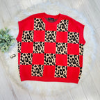 Women’s Evermmee Leopard Print Red Checkered Sweater Top