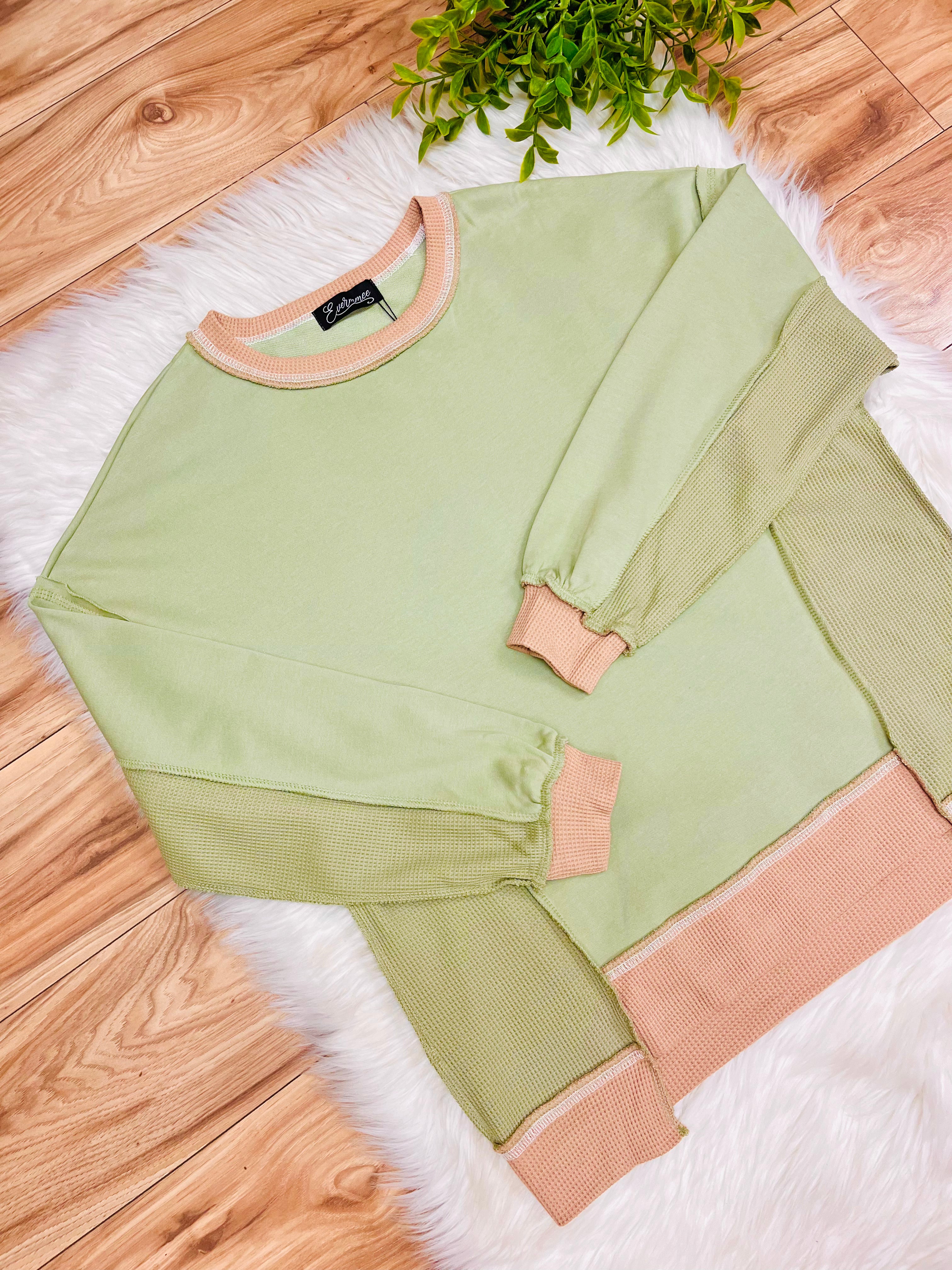 Women’s Evermmee Green Long Sleeve Exposed Seam Top with Tan Trim- Loose Fit