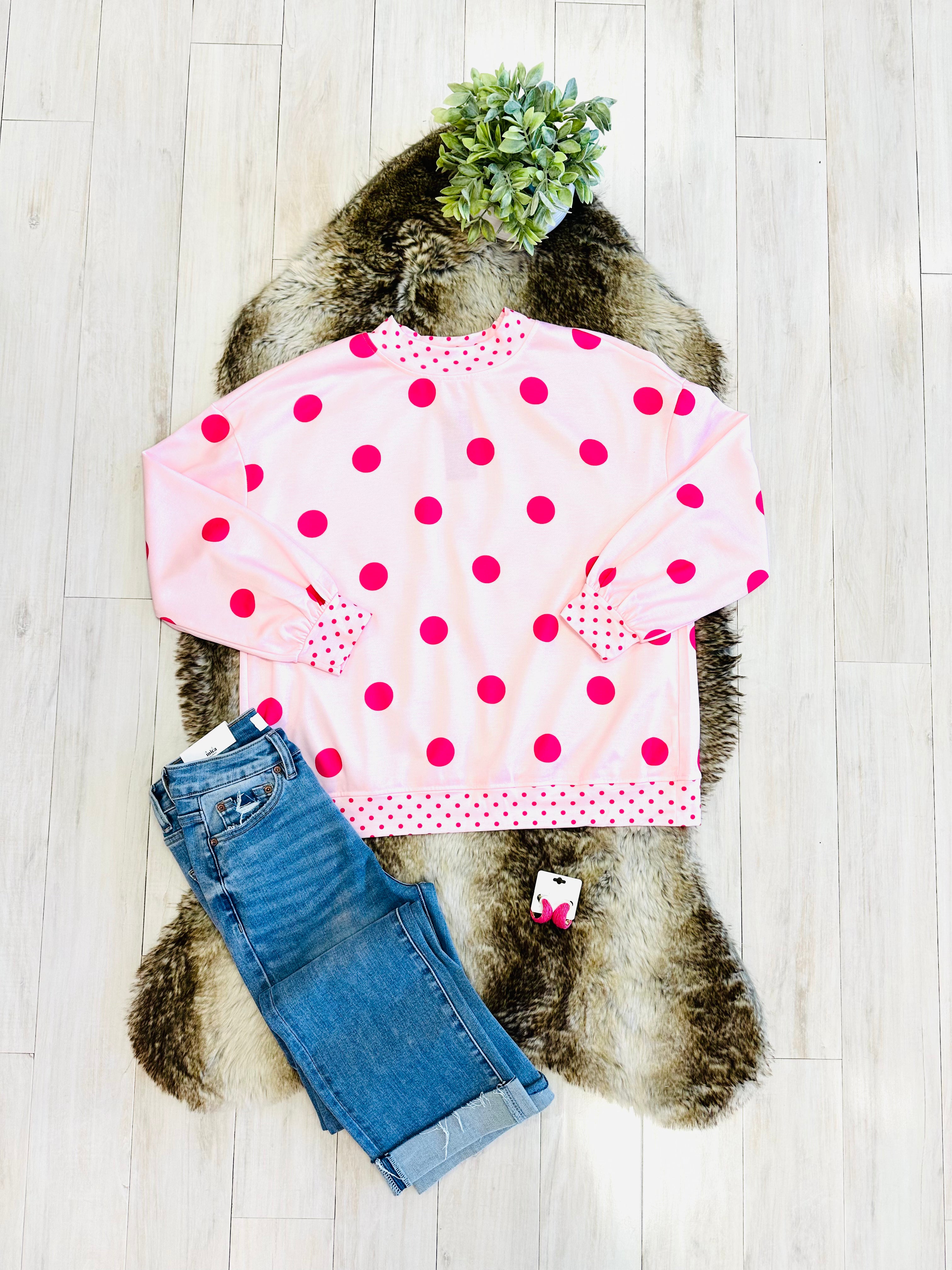 Women’s Pink Mock-neck Polkadot Crewneck