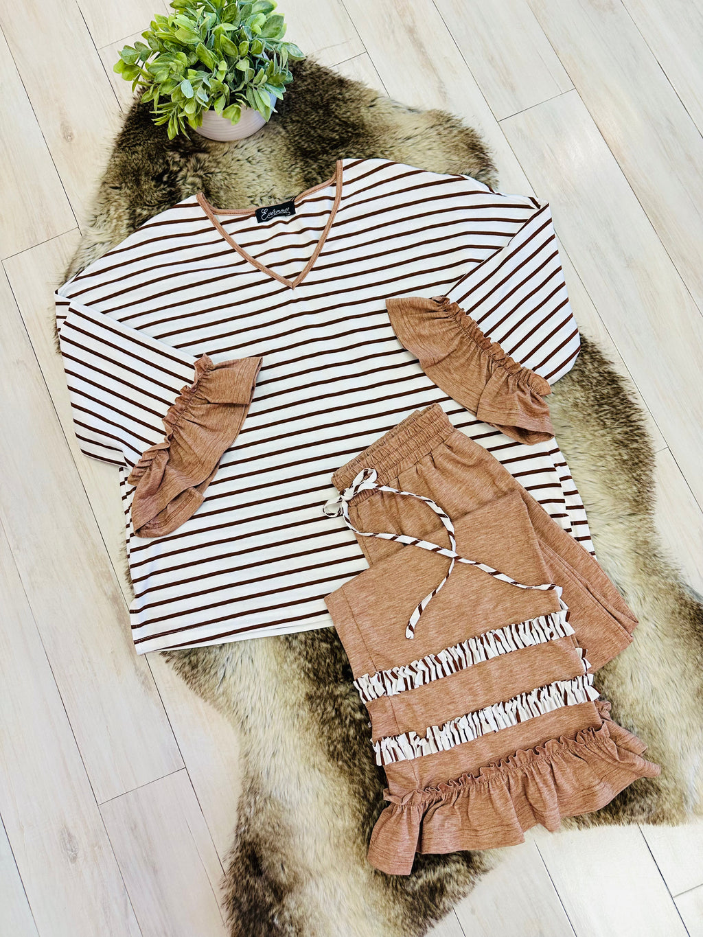 Women’s Evermmee Brown Stripe Set with Ruffle Trim Detail- Oversized