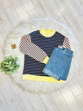 Women’s Navy Stripe Top with Yellow Trim and Peachy Pink Sleeves