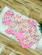 Girl’s Bow Print Hooded Outfit with Pink Ruffle Trim