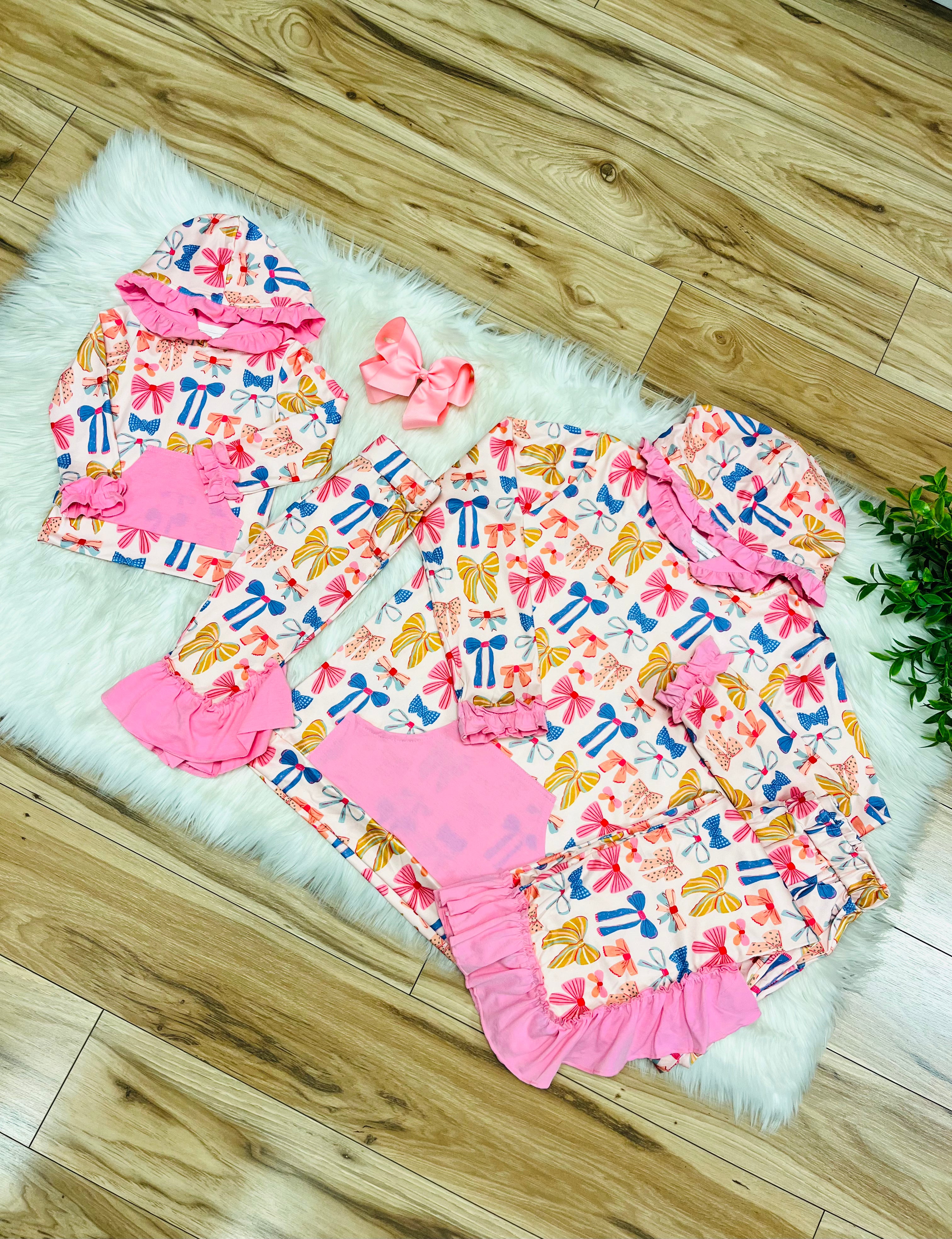 Girl’s Bow Print Hooded Outfit with Pink Ruffle Trim