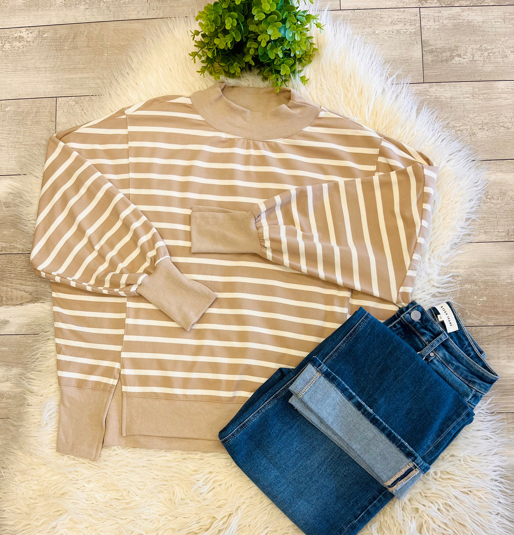 Women’s Taupe/Cream Striped Mock Neck Long Sleeve - Oversized Fit