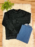 Women’s Zenana Black Acid Wash Ribbed Crewneck Top- Loose Fit