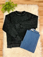 Women’s Zenana Black Acid Wash Ribbed Crewneck Top- Loose Fit