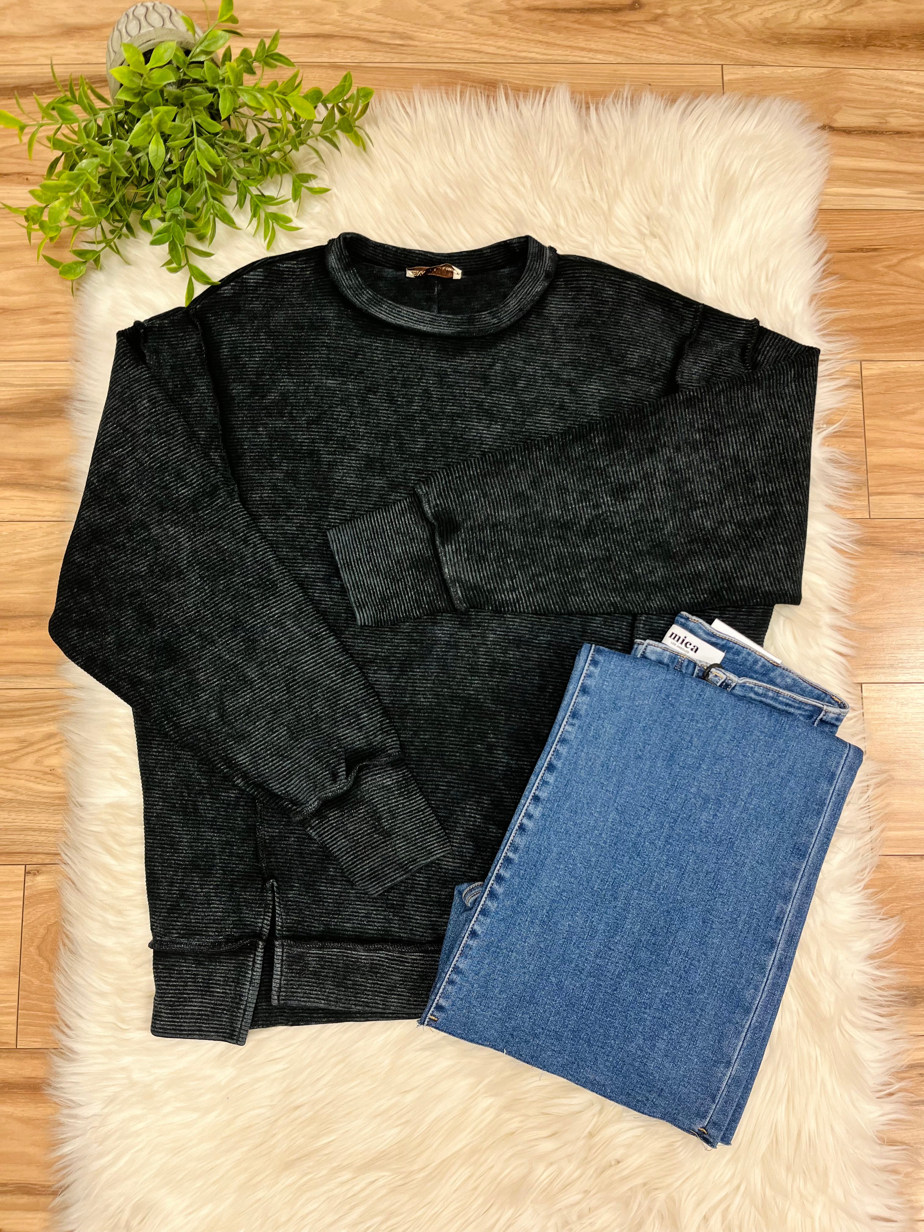 Women’s Zenana Black Acid Wash Ribbed Crewneck Top- Loose Fit