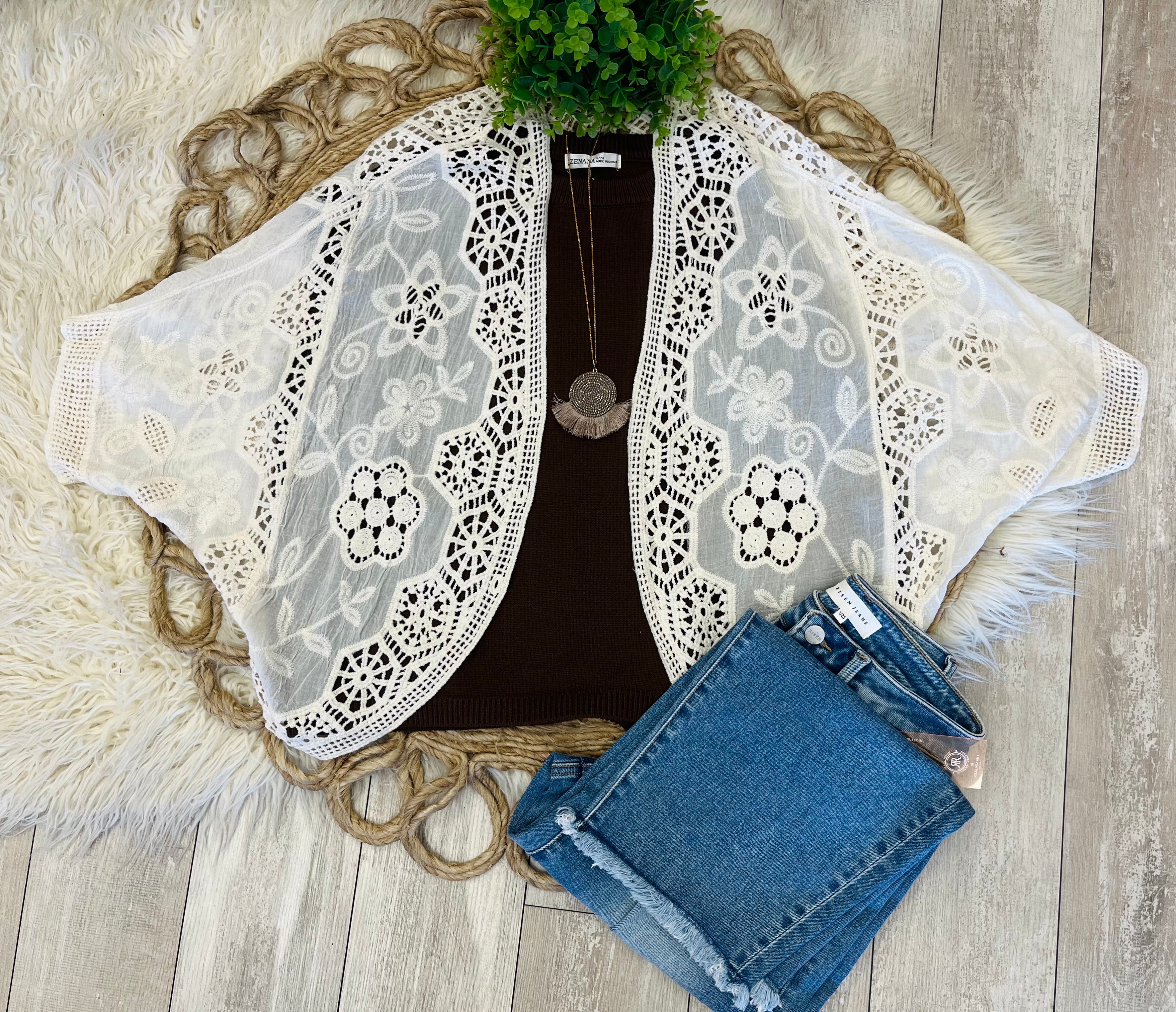 Women’s Crochet Lace Embroidered Kimono Cardigan - Oversized Fit