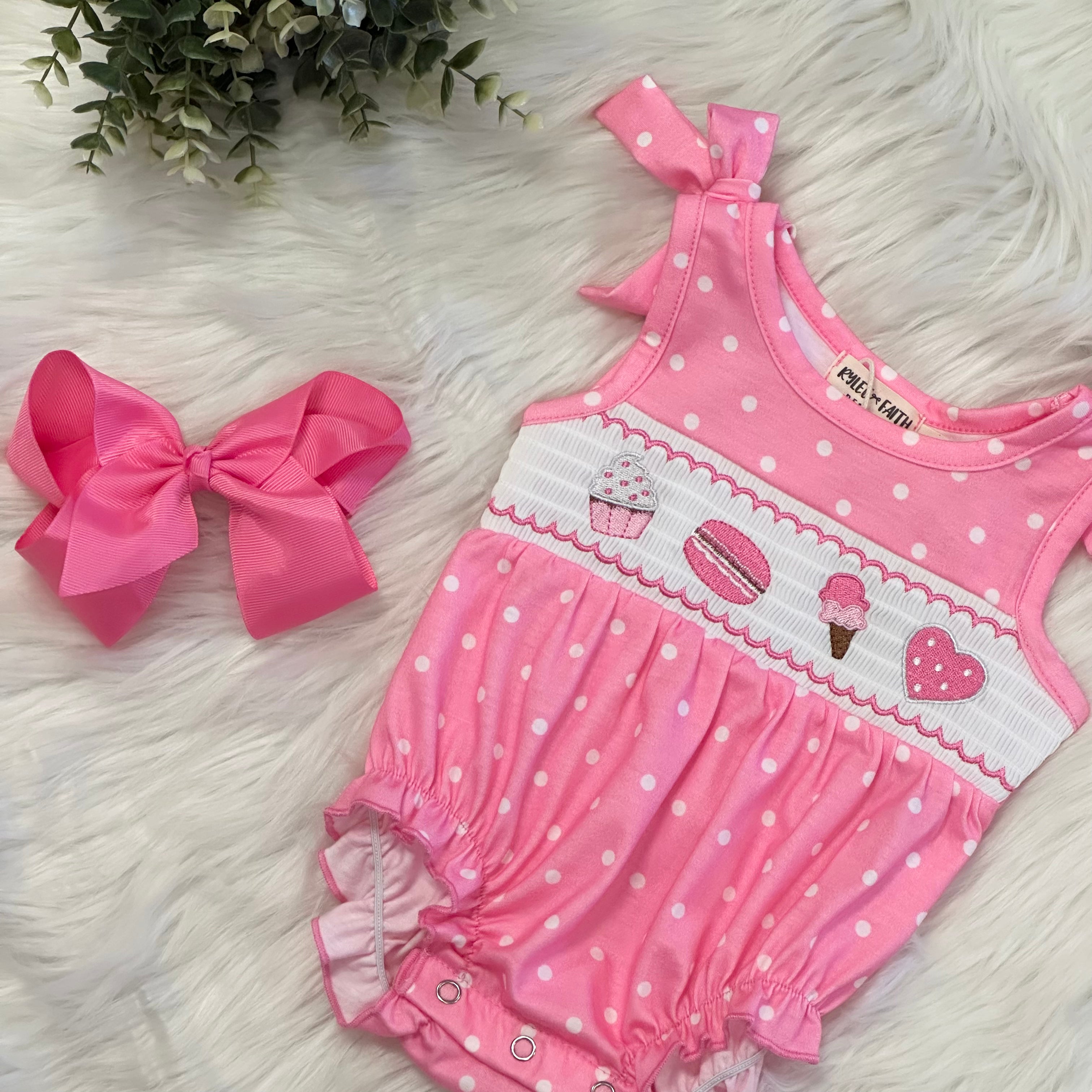 Girls Pink Polka Dot Summer Dessert Romper